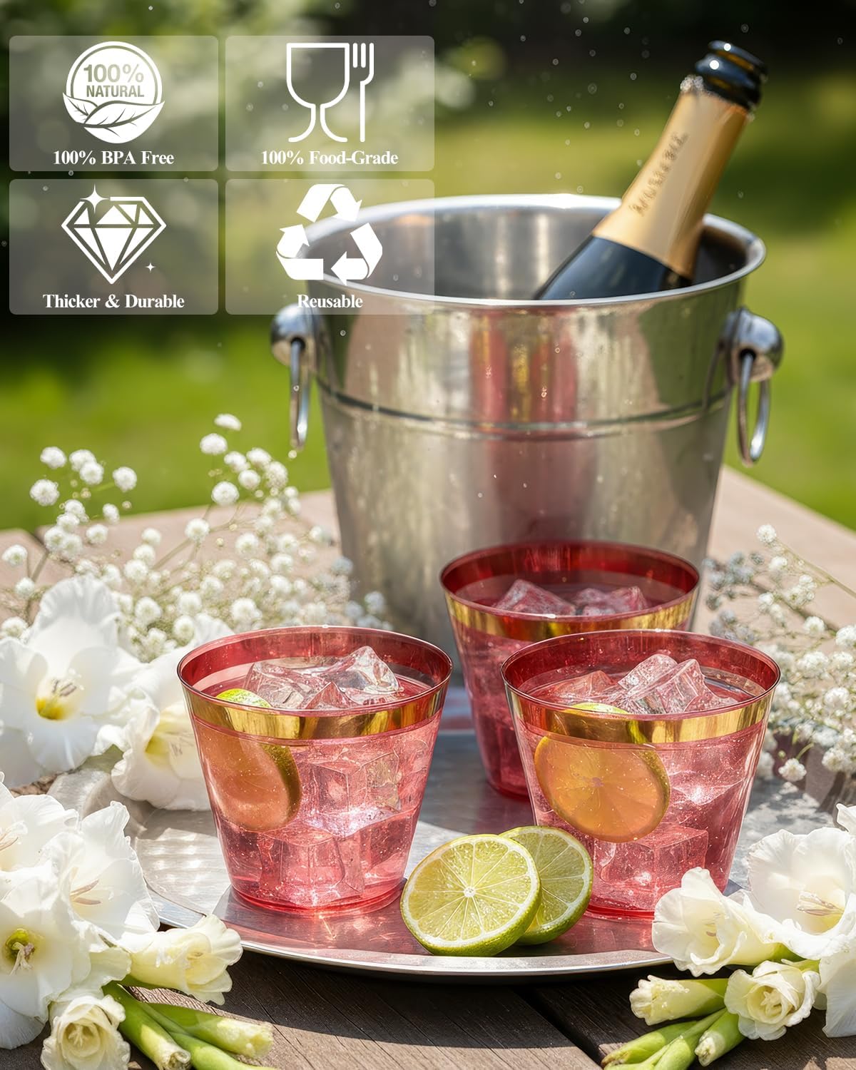 Goodluck 50PCS 9oz Red and Gold Plastic Cups for Party, Disposable Gold Rim Cups, Plastic Cocktail