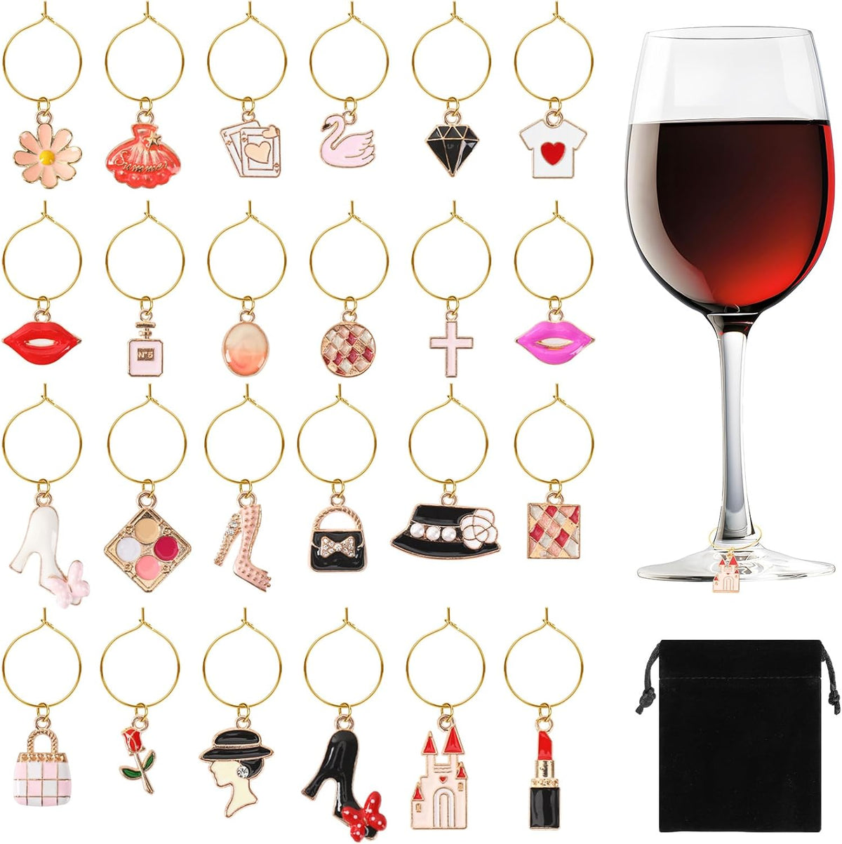 SANNIX 24pcs Wine Glass Charms - Funny Wine Glass Tags for Tasting Parties