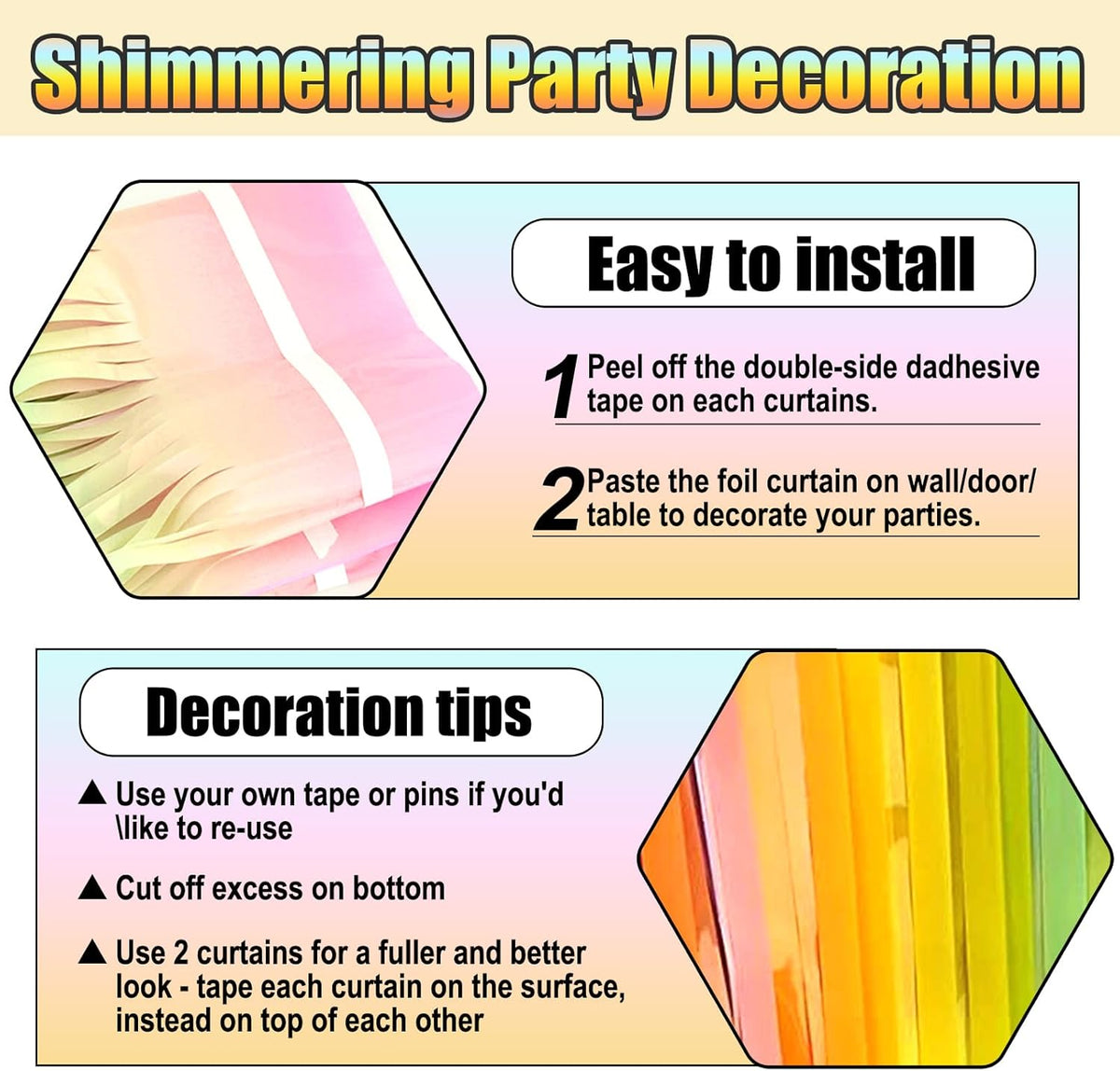 3 Pack Rainbow Foil Fringe Curtain Backdrop, 3.28Ft x 8.2Ft Metallic Tinsel Foil Fringe Streamer