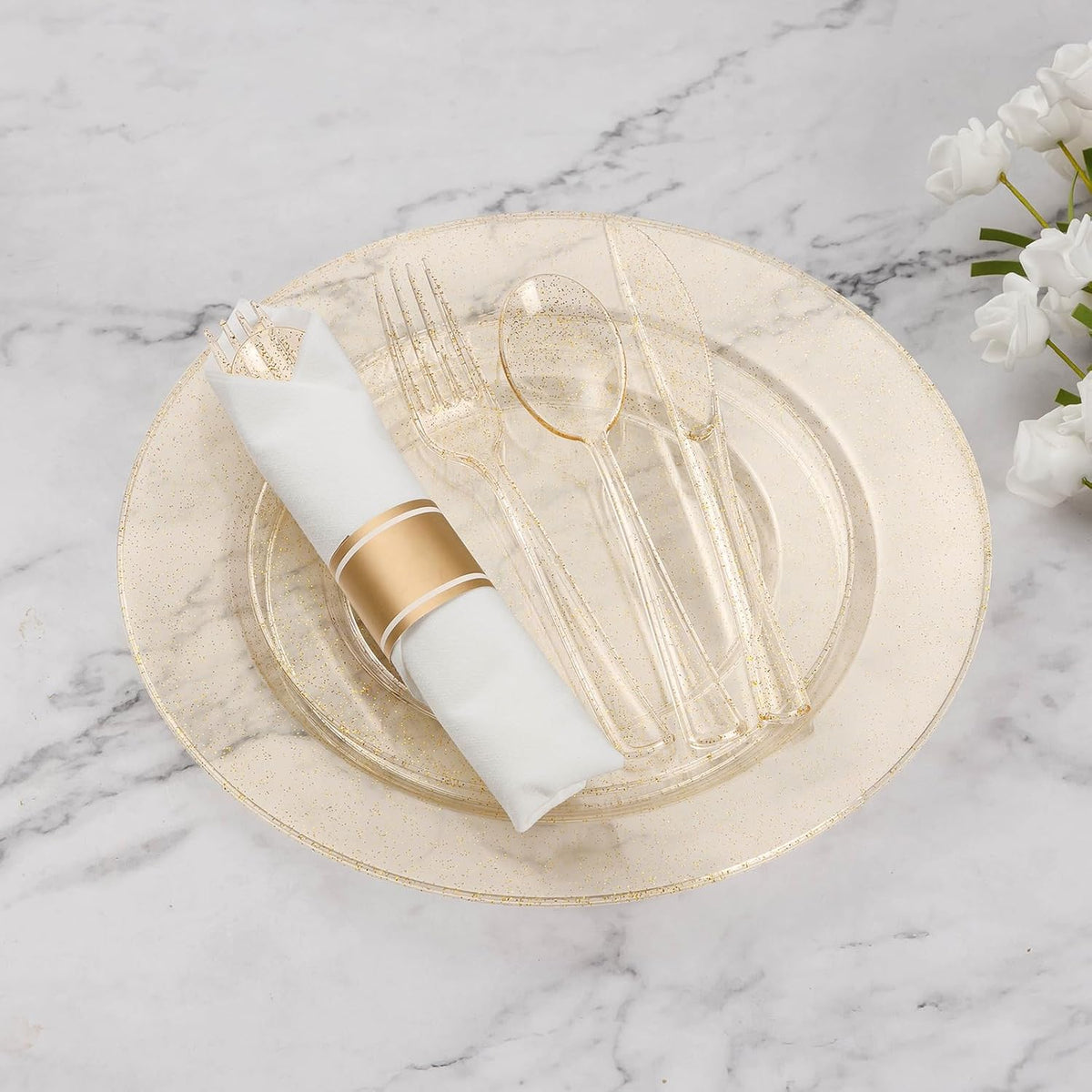 Goodluck 175 Piece Gold Glitter Plastic Dinnerware Set for 25 Guests, Fancy Disposable Plates for