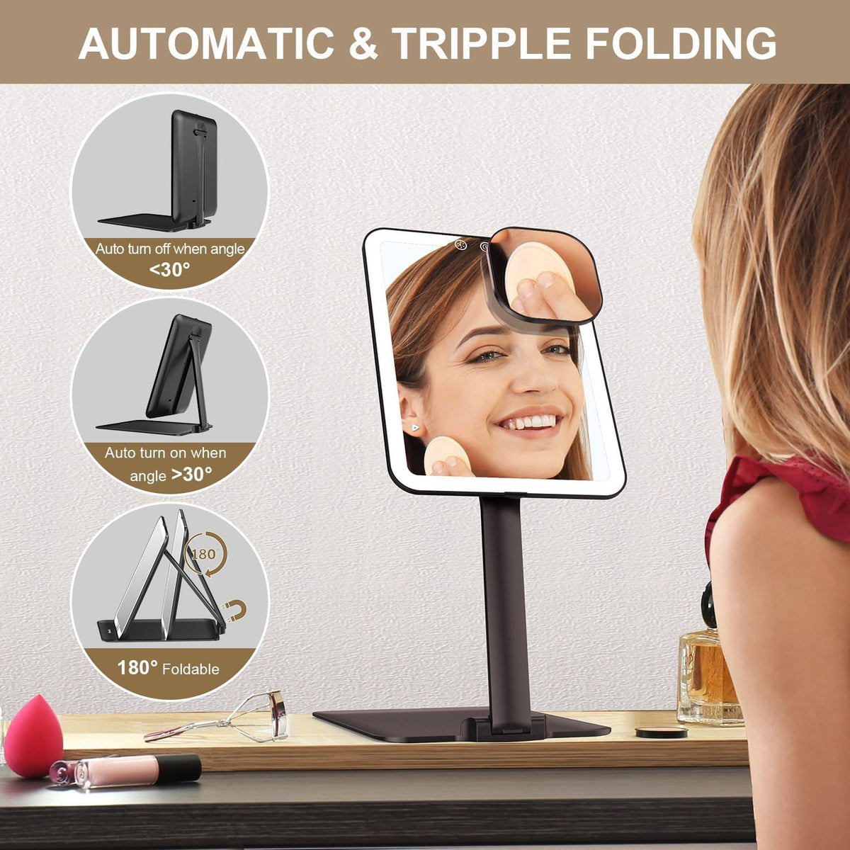 Mocado Travel Makeup Mirror with Light - 7x5 Inches Tripple Folding Travel Mirror with Light, 3