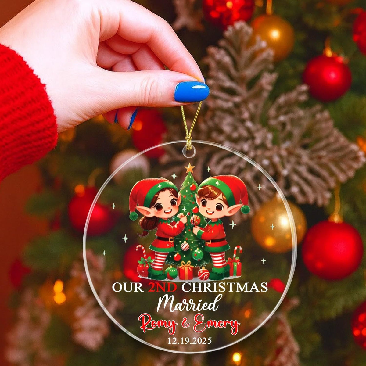 Customized Our 2ND Christmas Married Ornaments with Name & Date, Mr & Mrs Elf Married Ornament Gift