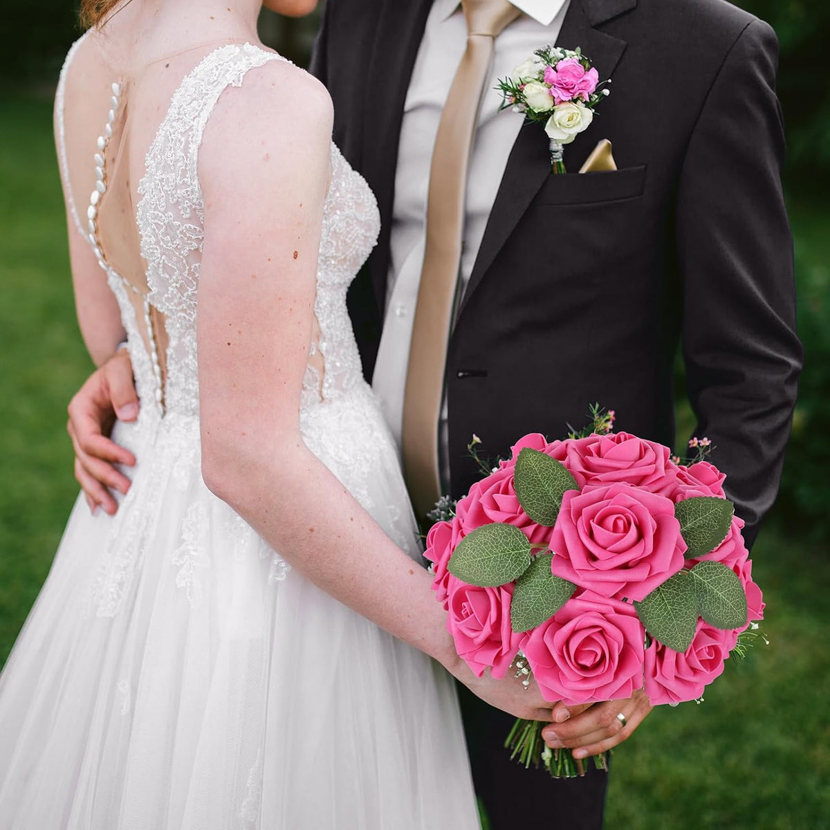 AmyHomie 25pcs Real Looking Artificial Hot Pink Roses w/Stem for DIY Wedding Bouquets Centerpieces
