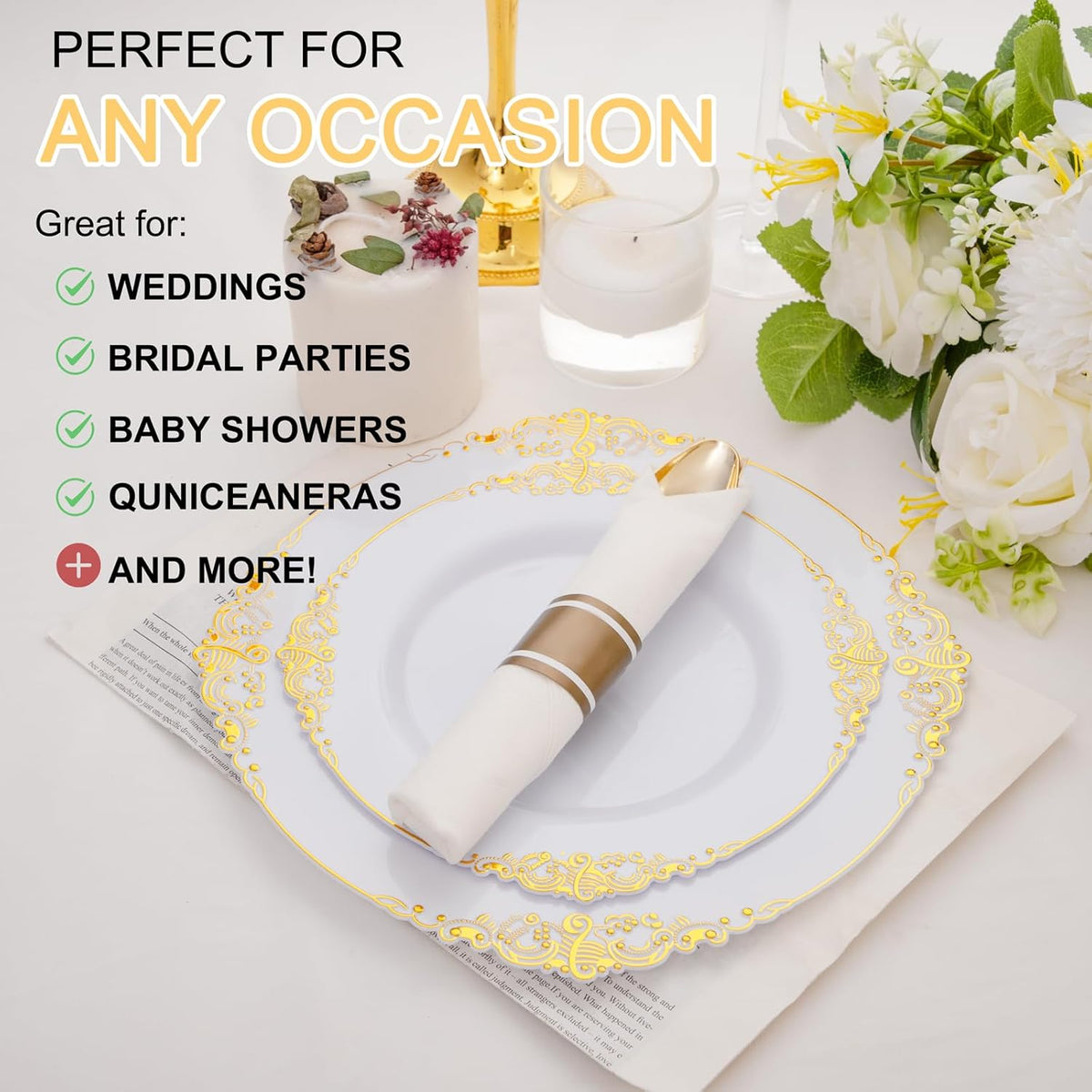 400PCS Pre Rolled Gold Plastic Silverware Sets - Heavy Duty Fancy Gold Cutlery - Include 100 Pack