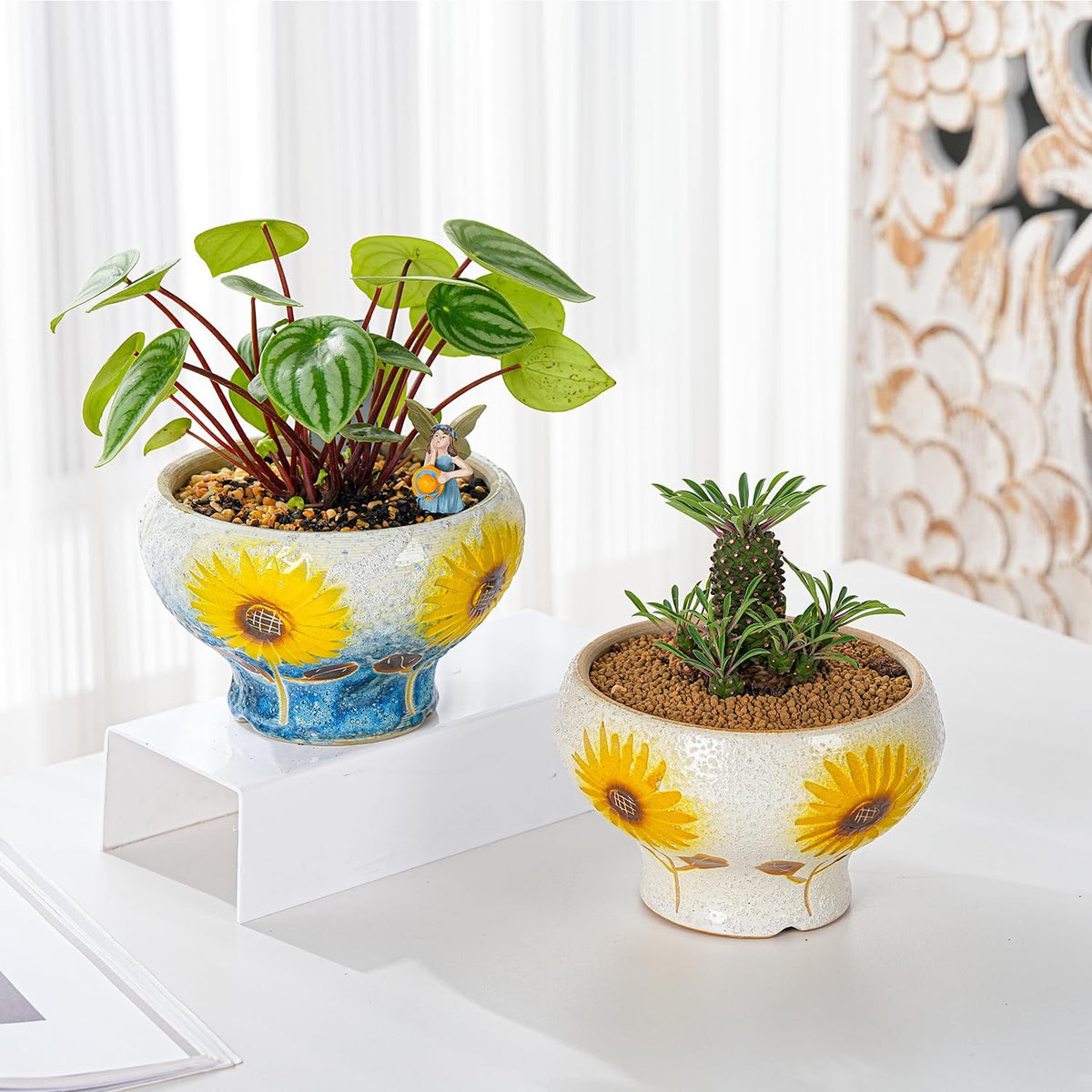 Sungmor Small Succulent Planters Set of 2, Beautiful Hand Crafted Ceramic Plant Pots Cute Cactus