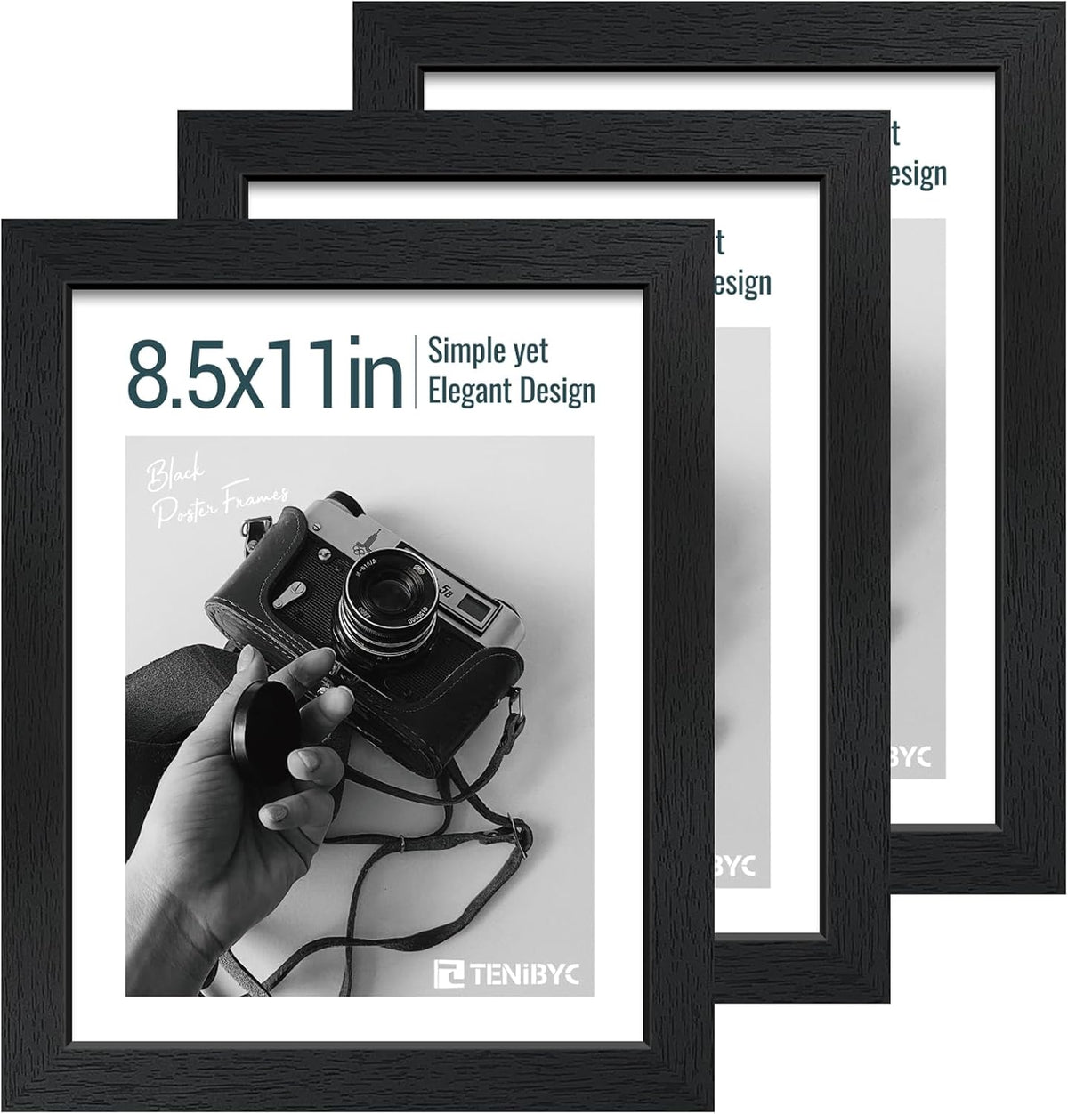 8.5x11 Picture Frame Set of 3 - Black Woodgrain, Solid Wood & HD Tempered Glass, Table Display or