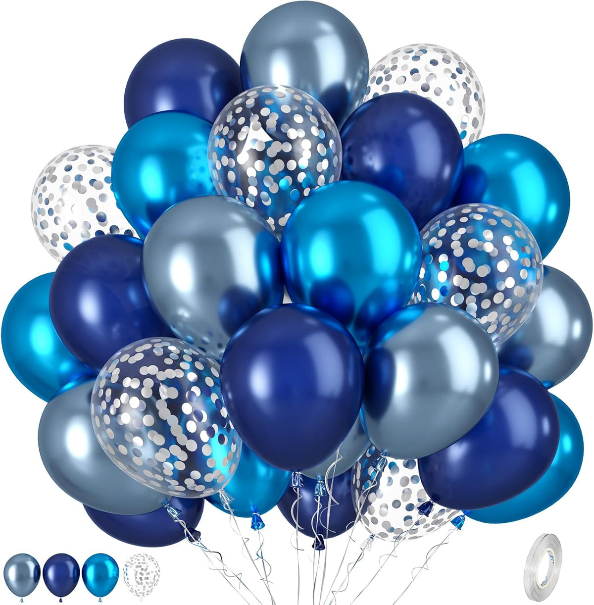 Blue Balloons, 50pcs Metallic Blue Balloons, Metallic Baby Navy Balloon, Silver Confetti Balloon