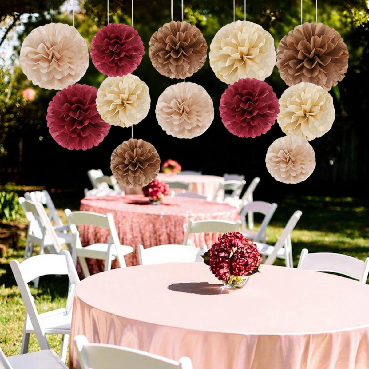 Capesaro Burgundy Beige 12PCS Paper Pom Poms Party Decorations for Engagement,Boho Wedding,Baby