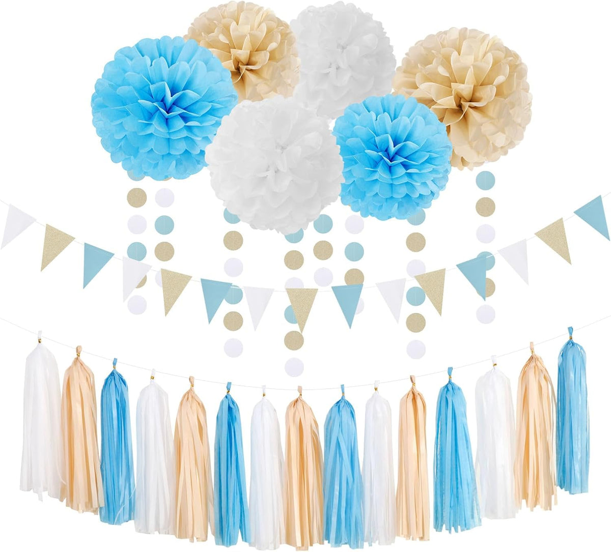 Light-Blue White Boho Champagne-Gold Party-Decorations - 23pcs Boy Birthday Baby Shower Paper