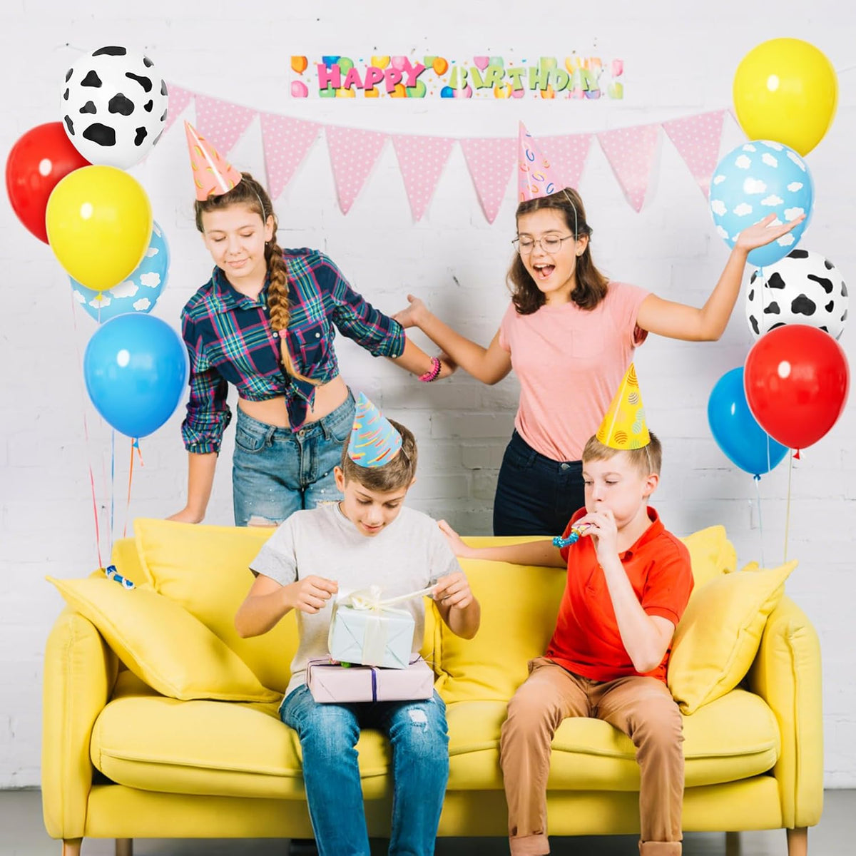68Pcs Red Yellow Blue Toy Balloons 12 Inch Light Blue Cloud Cow Print Balloons for Baby's Birthday