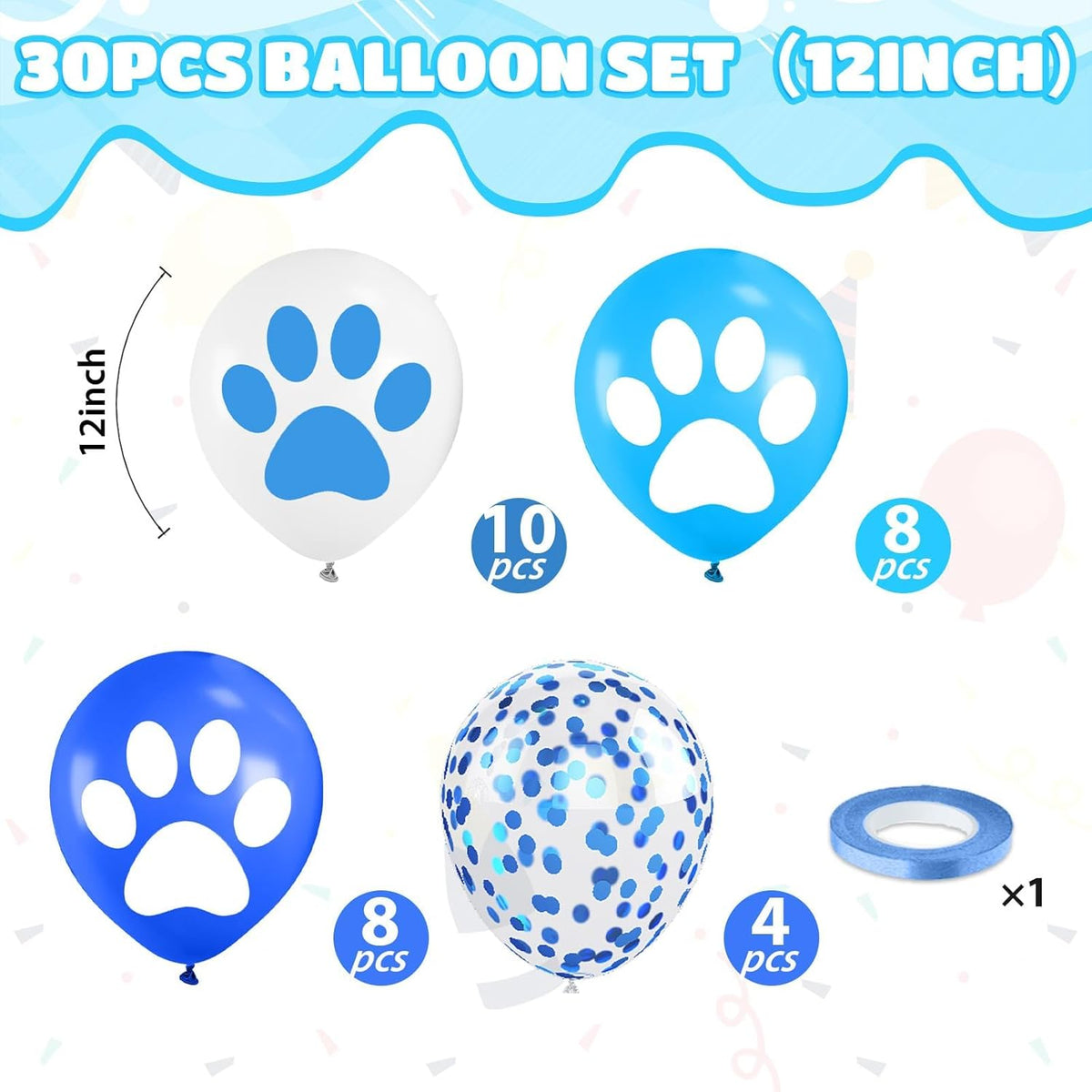 Paw Print Balloons, 12 Inch Navy Light Blue White Paw Print Confetti Dog Birthday Balloons for Boy