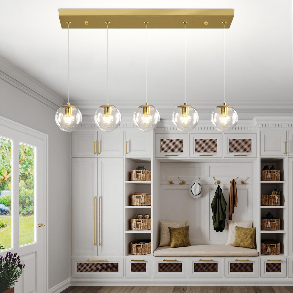 5-Lights Modern Rectangle Chandelier Globe Pendant Light,Gold Linear Globe Chandeliers for Dining