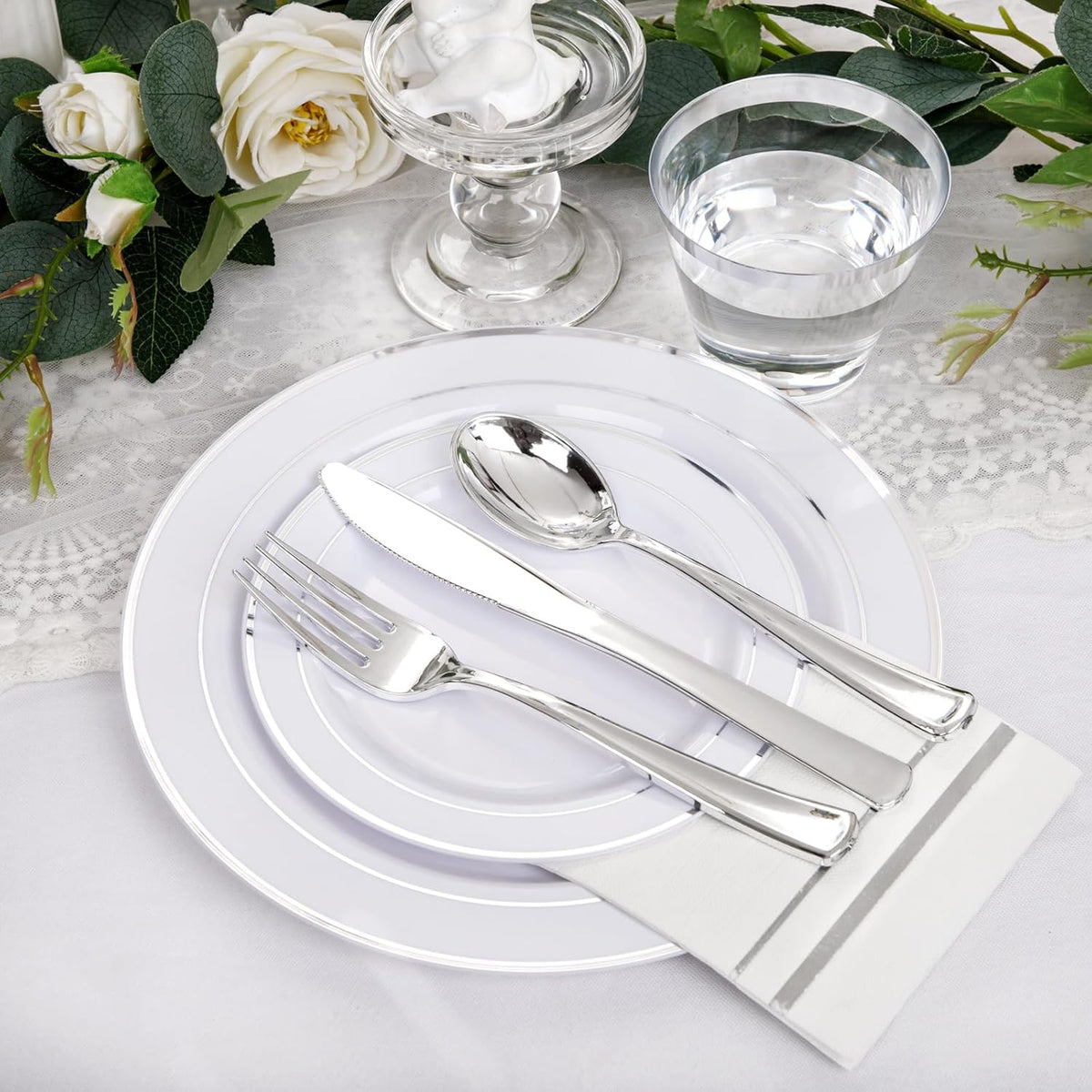 NOCCUR 700PCS Silver Plastic Plates Disposable for 100 Guests - Include 100 Dinner/Dessert White