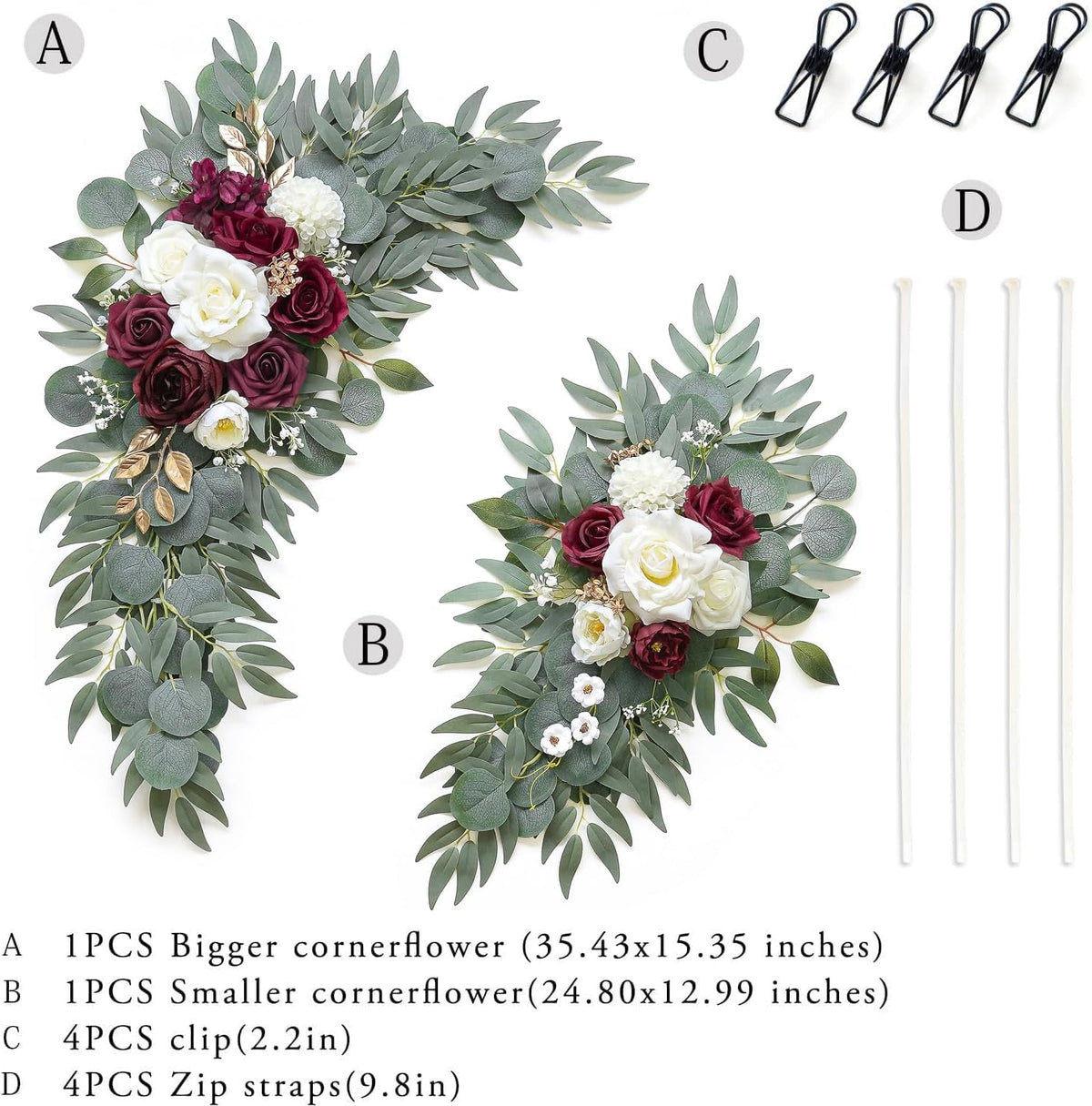 Artificial Burgundy Flower Swag Set of 2 for Wedding Welcome Signs Floral Decorations, Wedding Arch