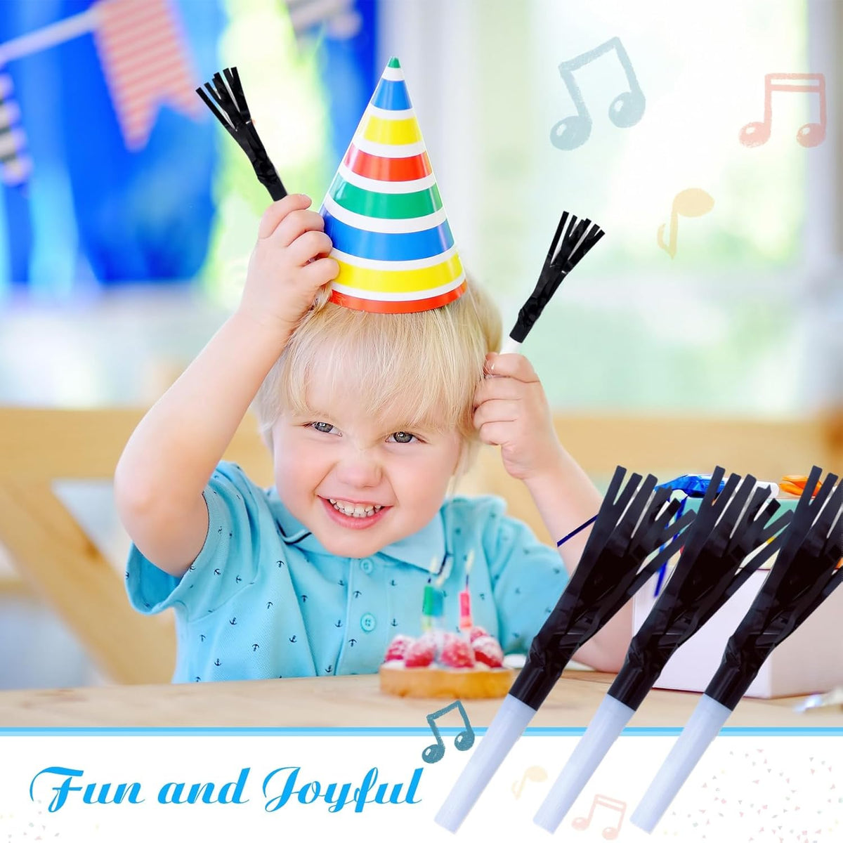 Party Blowers Metallic Fringed Noise Makers, 48 Pcs, Black, for Baby Shower, Kids Birthday, New