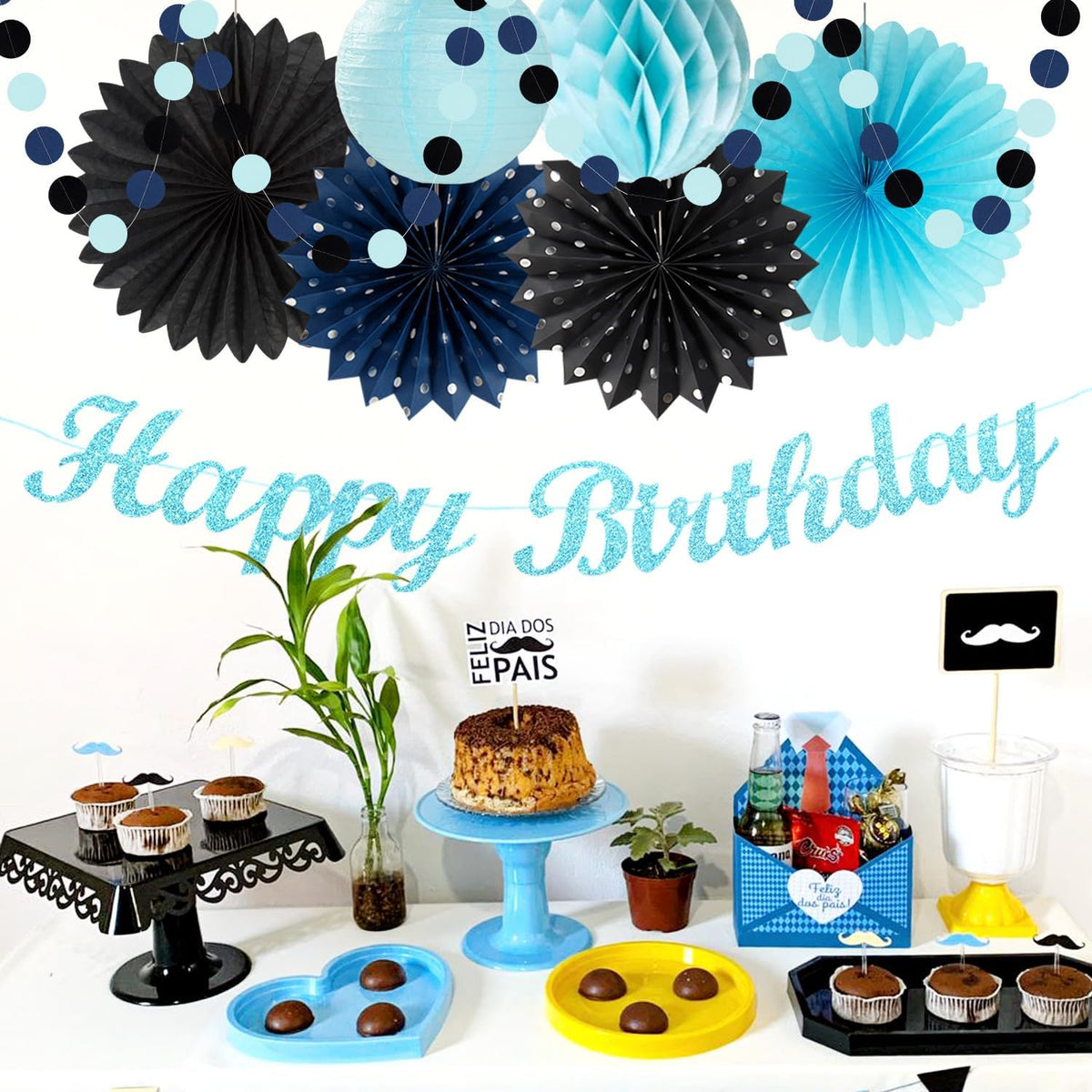 Light-Royal Navy-Blue Black Birthday Party-decorations - 21pcs Boys Men Happy Banner,Paper
