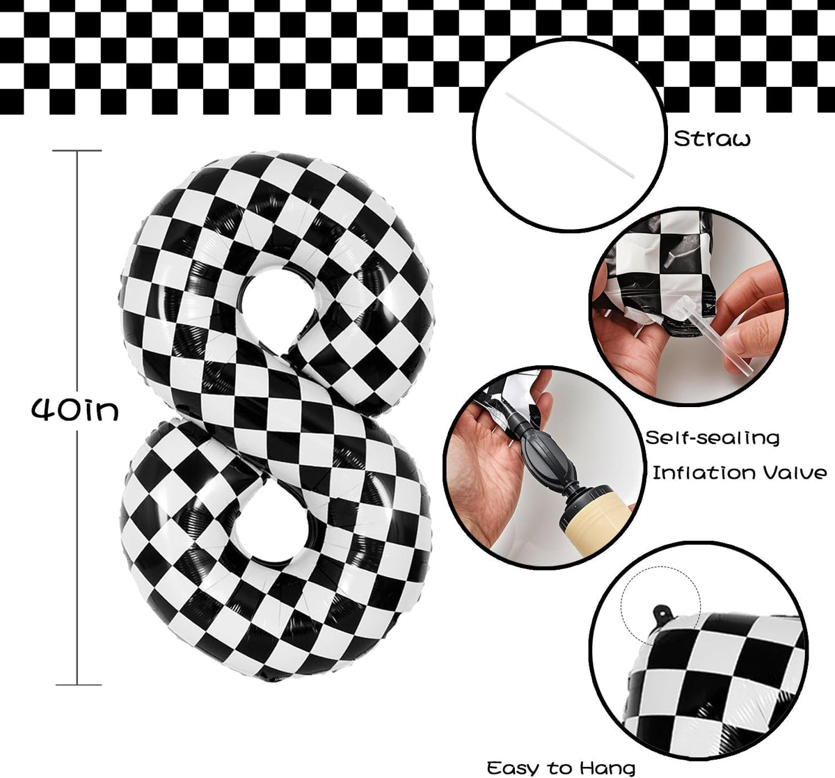 40 Inch Checkered Number 8 Balloon - Race Flag Pattern Big Helium Balloon for Birthday Party