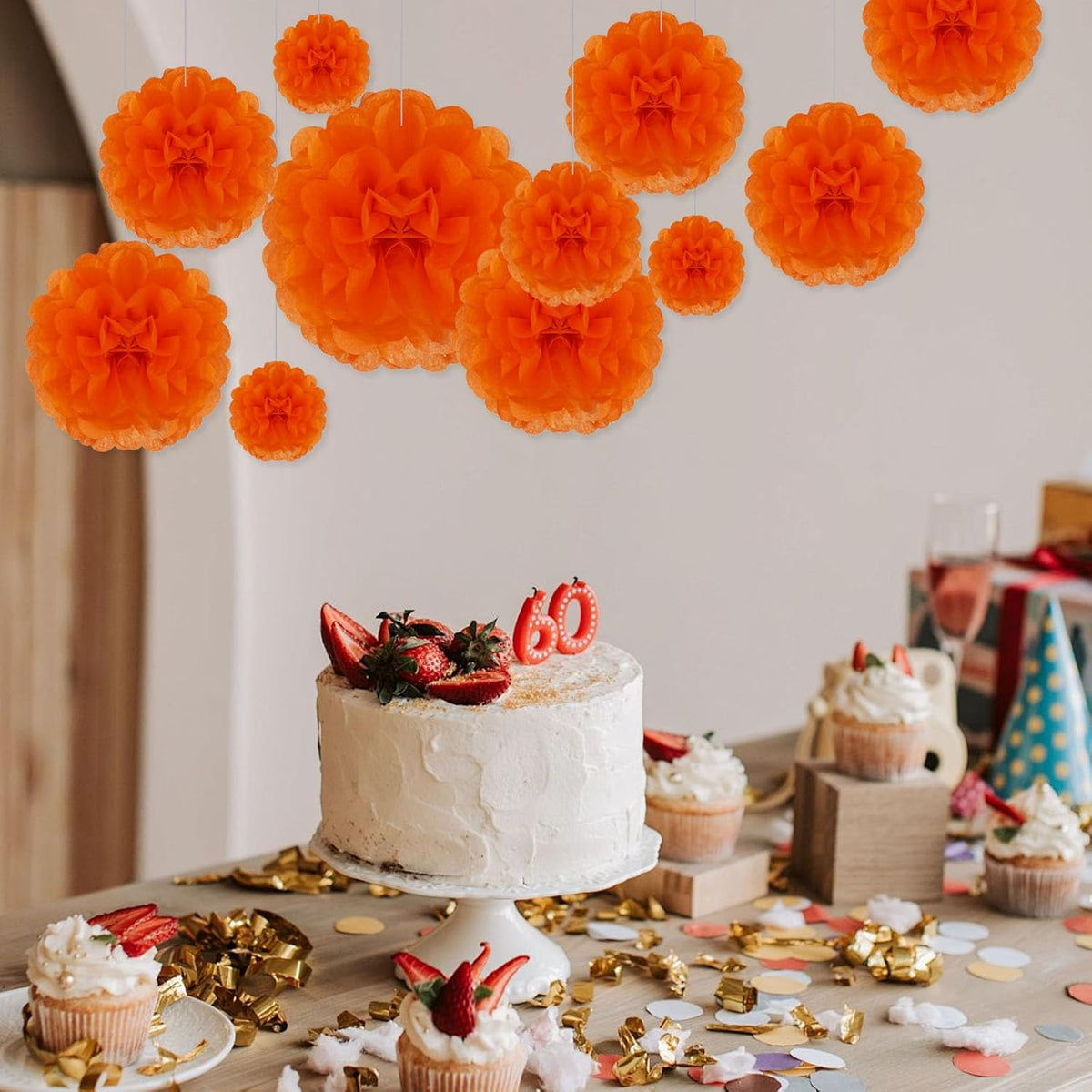 Tissue Paper Pom Poms, Orange Tissue Paper Flowers, Hanging Flower Balls for Weddings Fiesta