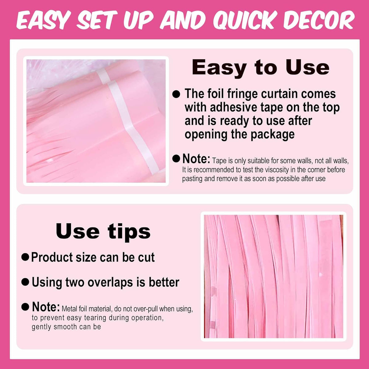 6 Pack Macaron Pink Foil Fringe Curtains Backdrop, 3.28 x 8.2 Ft Metallic Streamers Tinsel Curtains