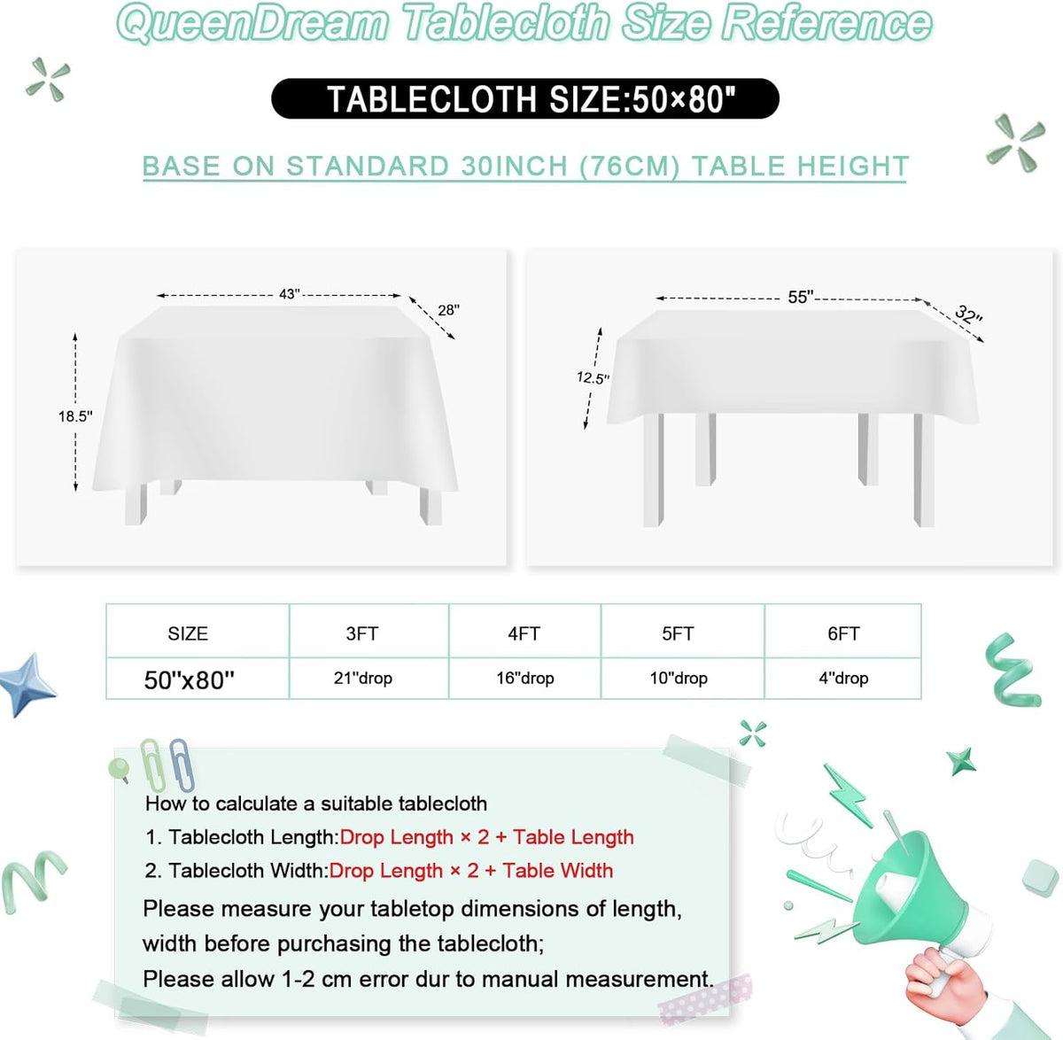 QueenDream Sparkly Sequin Tablecloth - White Table Cloth 50x80 Inches Rectangle Table Overlay