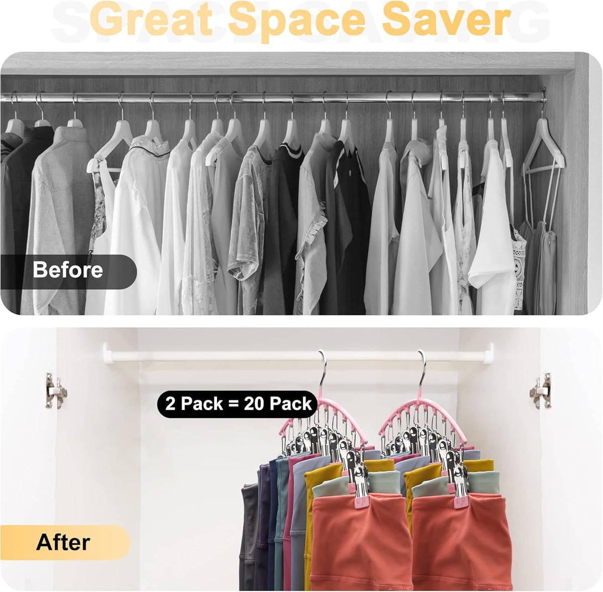 Legging Organizer for Closet, Metal Yoga Pants Hangers 2 Pack w/10 Clips Holds 20 Leggings, Space
