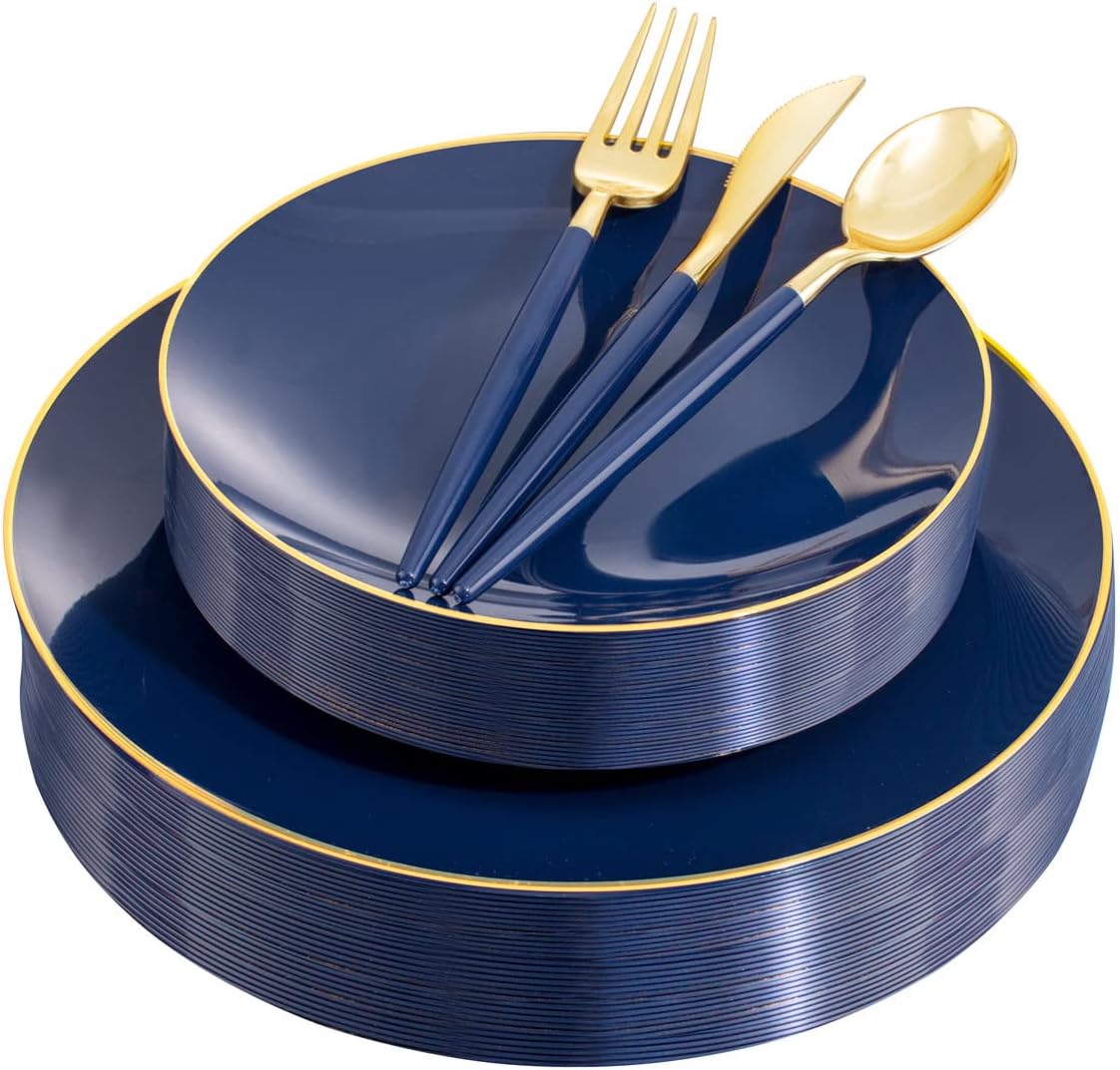 Liacere 150PCS Blue Plastic Plates - Gold Plastic Silverware with Blue Handle - Navy Disposable