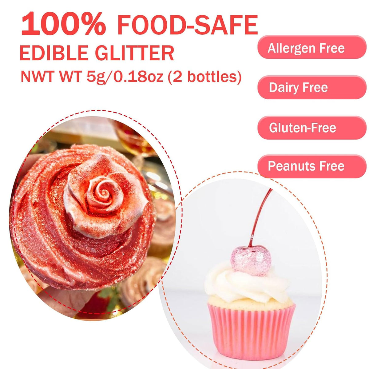 Red Pink Edible Glitter Glimmer Powder for Cakes Drinks - Valentine's Colaele 5 grams Food Grade
