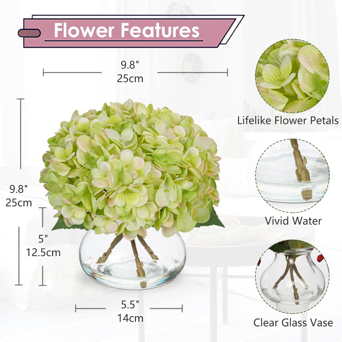 Hollyone Hydrangea Artificial Flowers with Glass Vase Green Silk Faux Flowers Arrangements in Vase