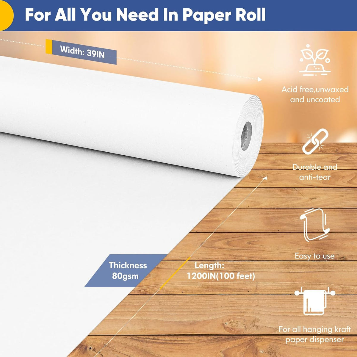 Vanhench White Wrapping Paper Roll 39"×1200" (100FT), Bulletin Board Paper, Arts & Crafts, Bouquet