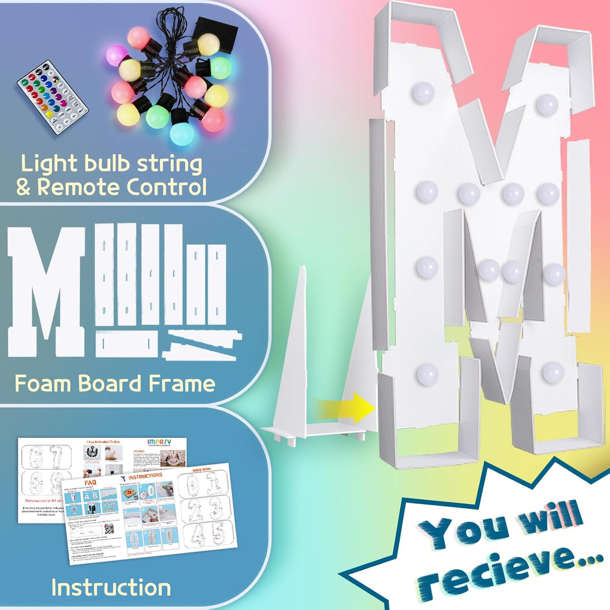imprsv 4FT Colorful Marquee Light Up Letters M, 18 Colors Large Light up Letters Alphabet Sign with