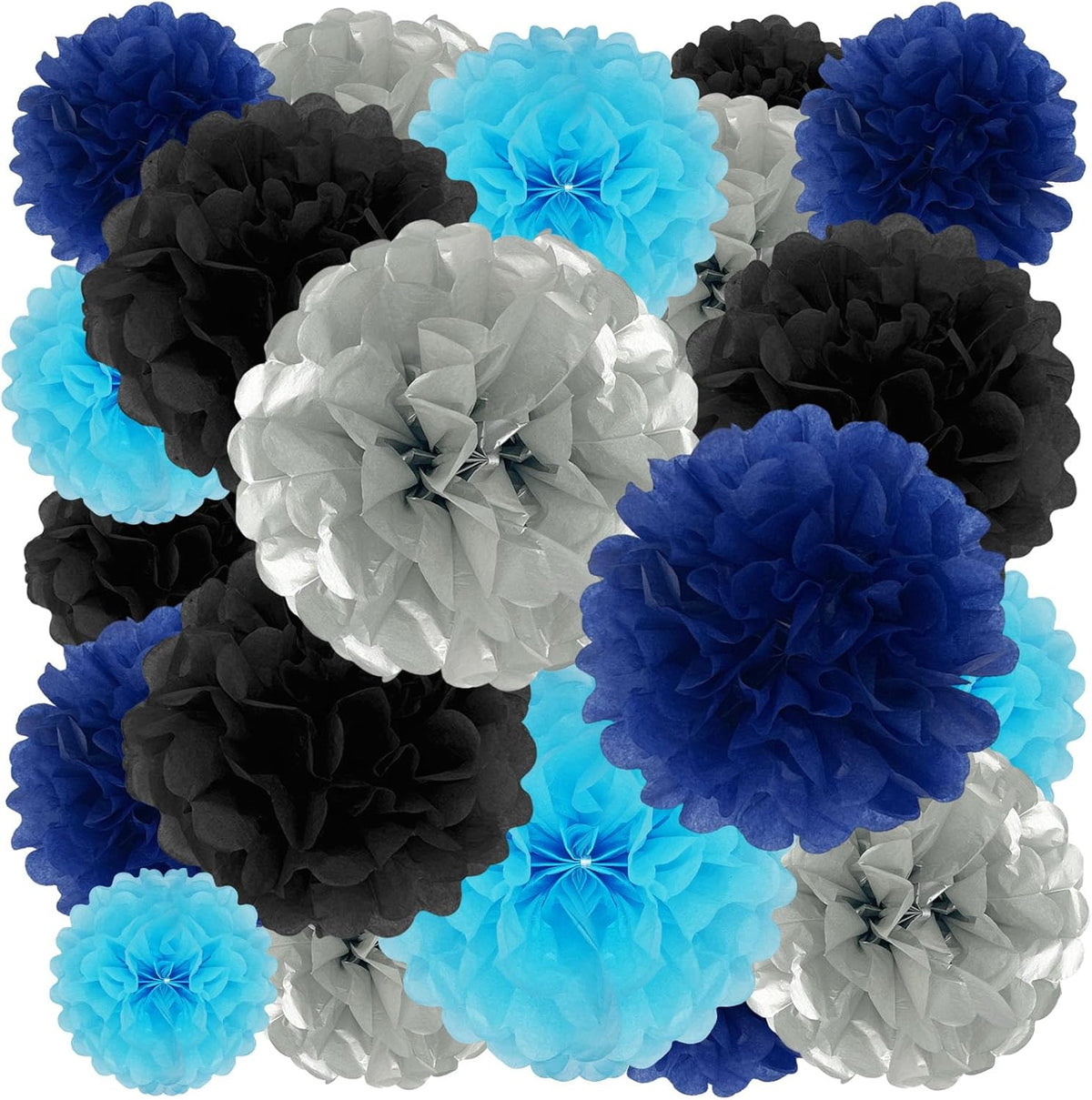 Tissue Paper Pom Poms, Black Silver Blue Tissue Paper Flowers, Hanging Flower Balls for Weddings