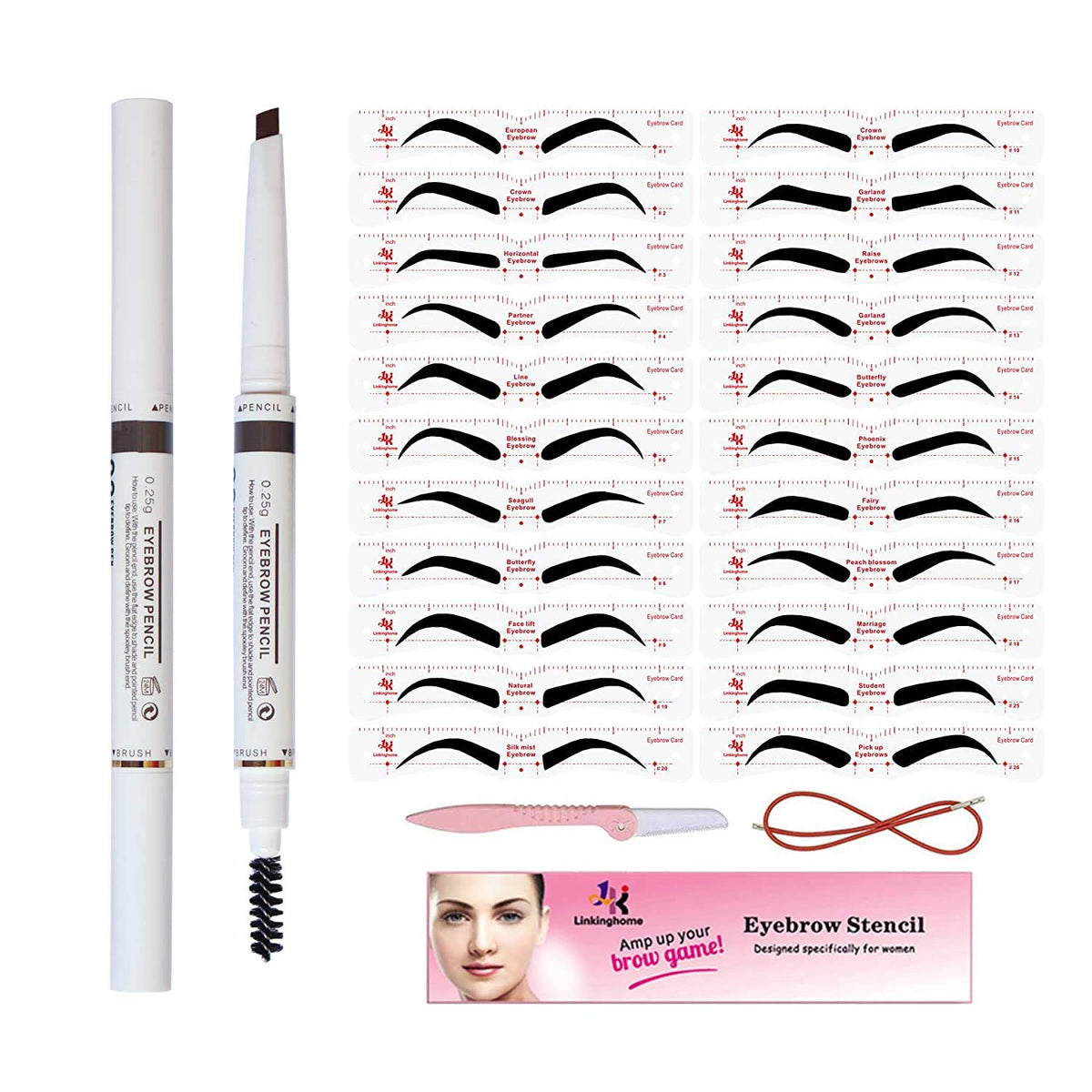 Eyebrow Stencil & Eyebrow Pencil, 30 Eyebrow Shaper Kit, Reusable Eyebrow Template With Strap &