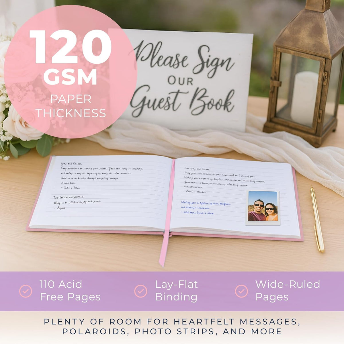 Promot Personalized Guestbook for Party (Pastel Pink) - 110 Lined Pages in Wood-Free Vegan Leather
