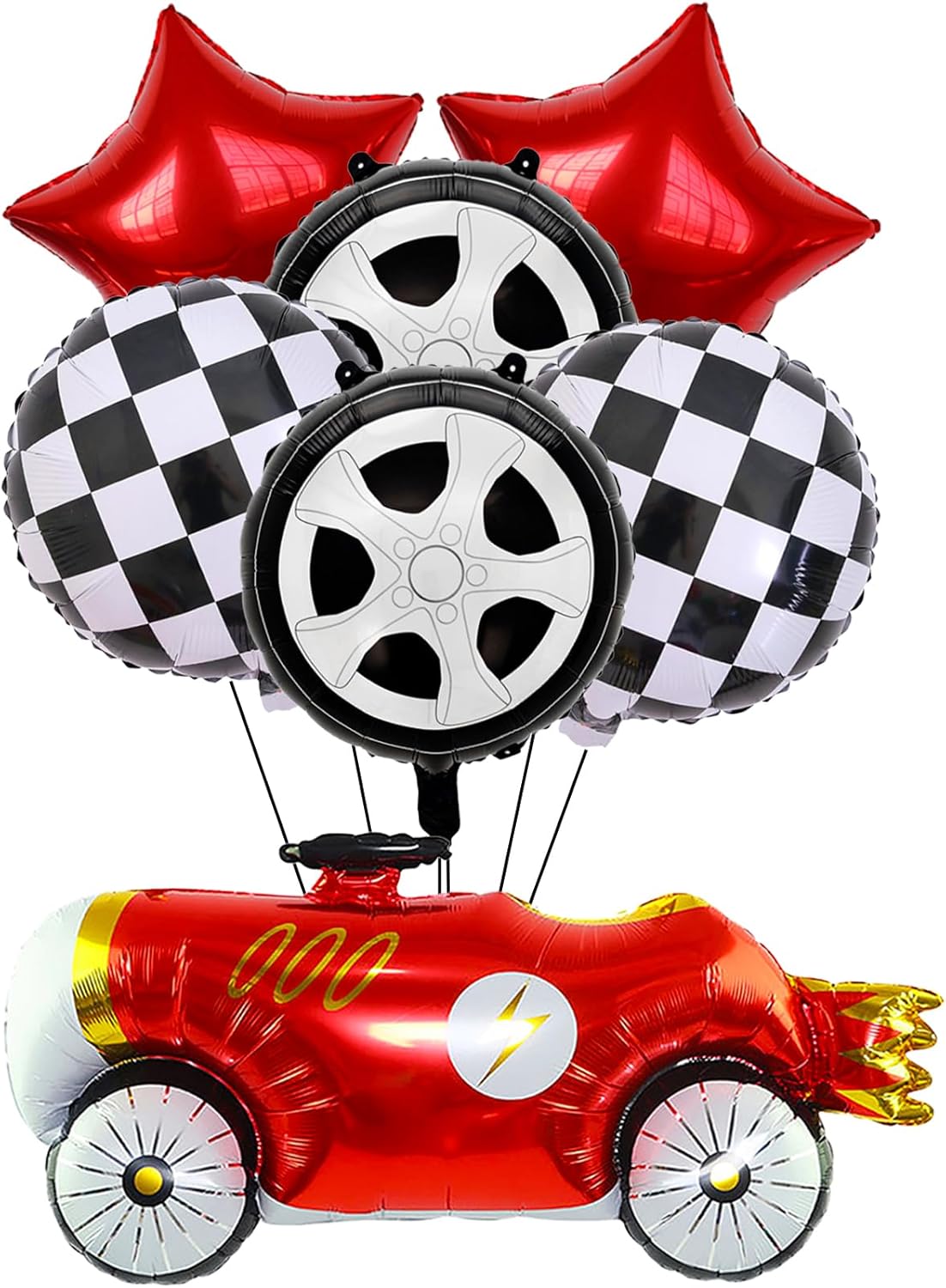 7 Pcs Vintage Race Car Balloon Set,Black and White Checkered Car Wheel Red Star Foil Helium