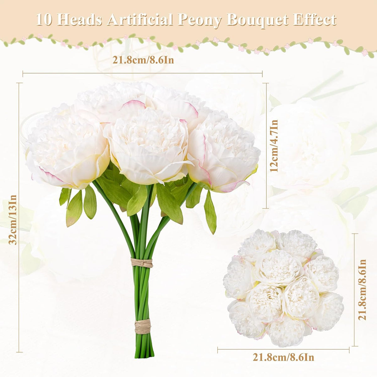 U'Artlines 2 Bouquet 10 Heads Artificial Peony Silk Flower Leaf Home Office Wedding Party Festival
