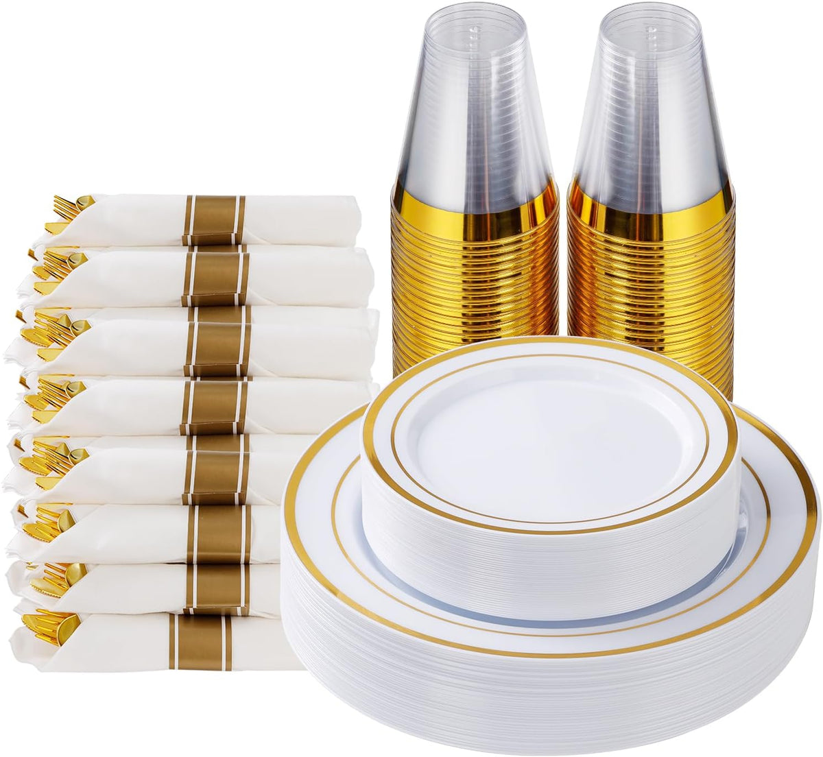 Goodluck 175 Piece Gold Plastic Dinnerware Set for 25 Guests, Fancy Disposable Plates for Party