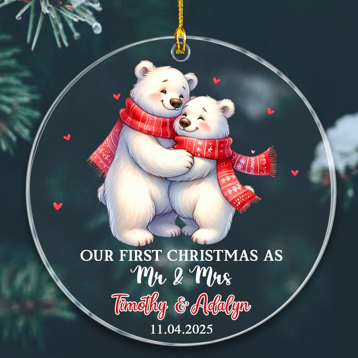 Our First Christmas As Mr & Mrs Ornament, Personalized Date/Name Polar Bear Mr & Mrs Together