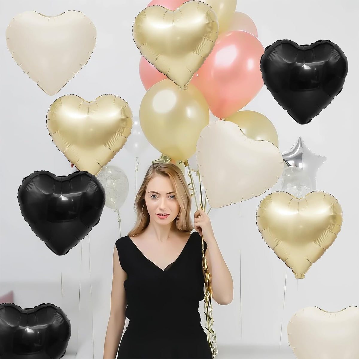 Black White Gold Heart Balloons,12Pcs 18Inch Black Cream White Champagne Gold Heart Shaped Foil