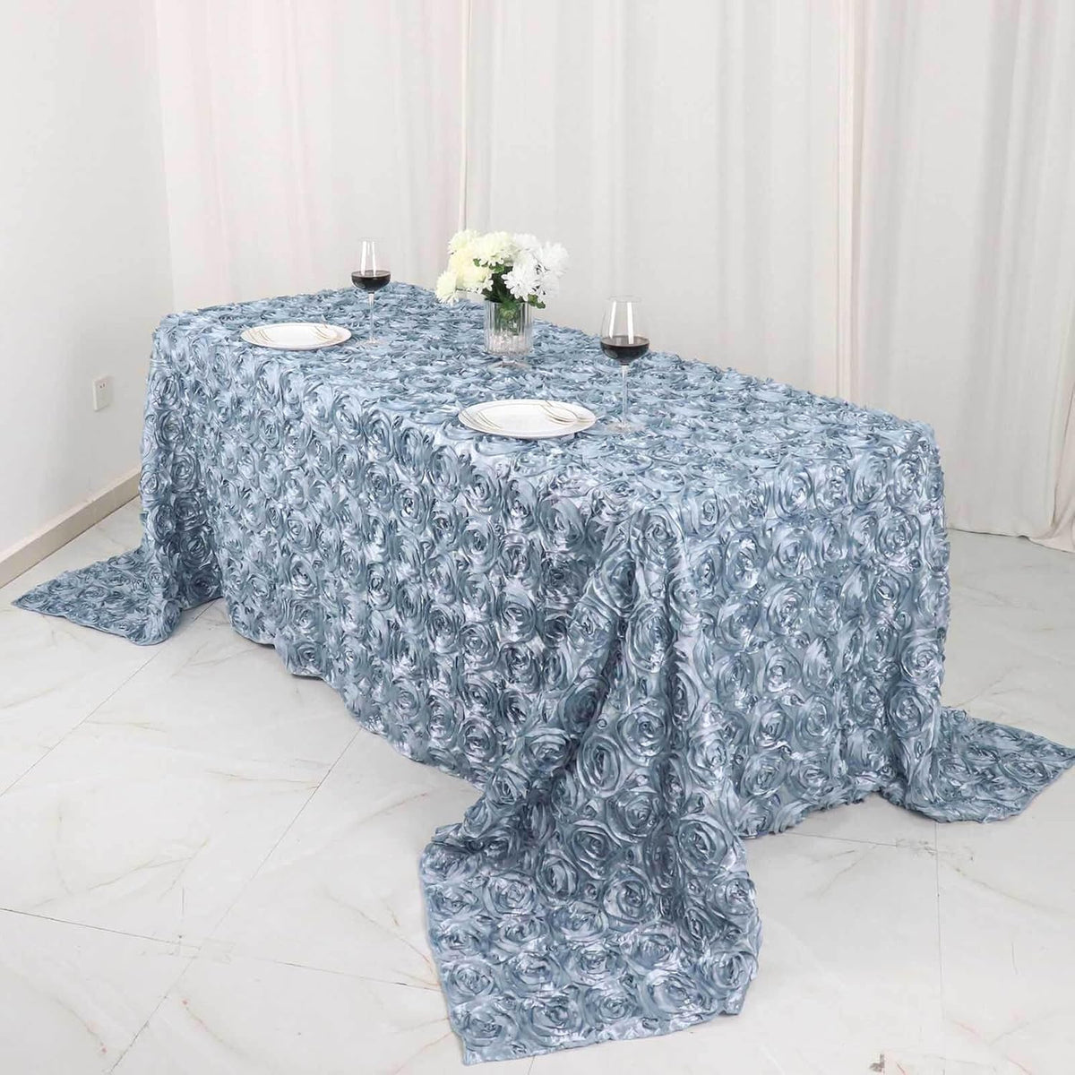 Efavormart 90"X132" Dusty Blue Grandiose 3D Rosette Satin Rectangle Tablecloth for Wedding Party