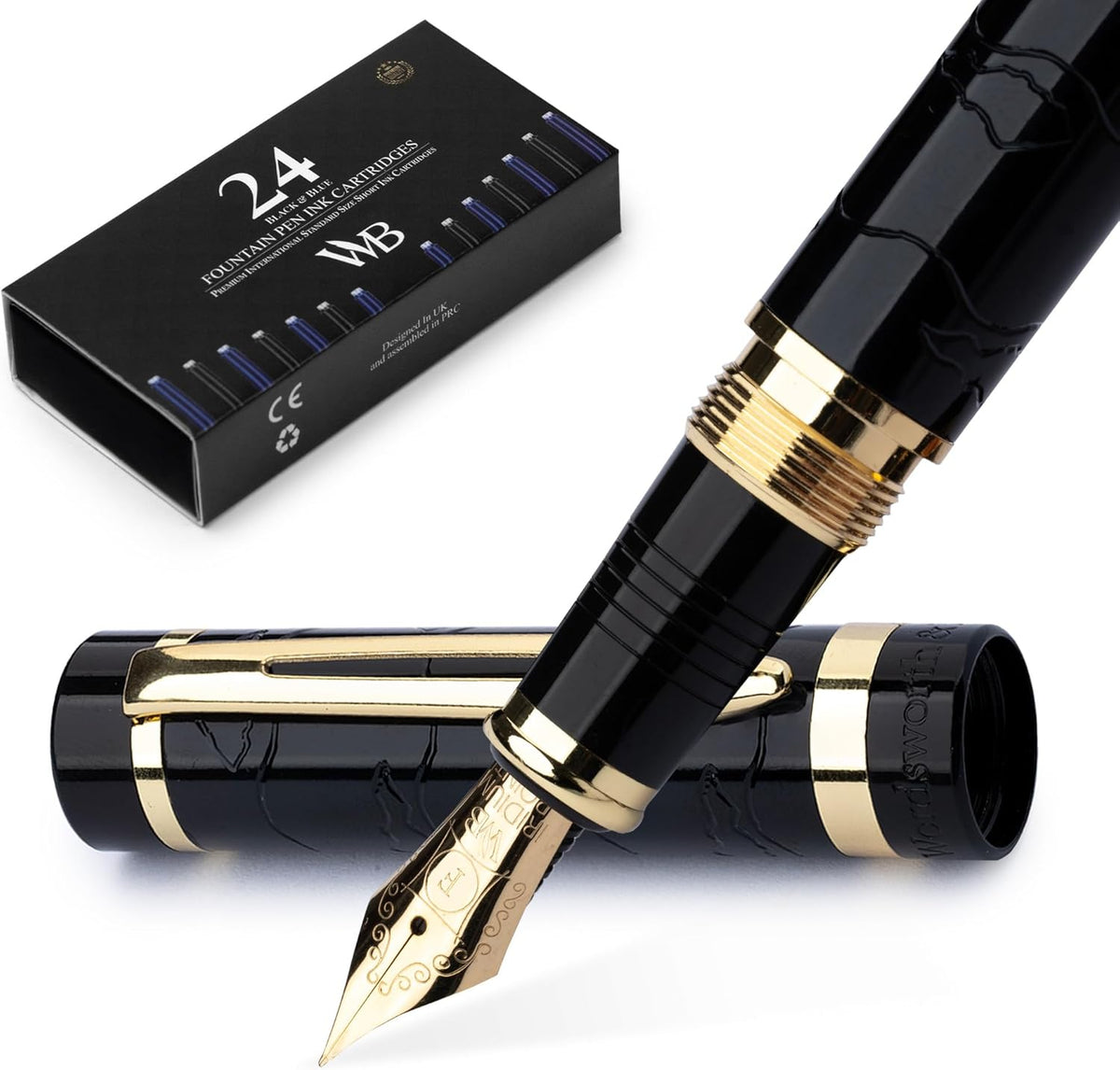 Wordsworth & Black Primori Fountain Pen Set [Black Gold]; Fine Nib, Gift Case, 24 Ink Cartridges