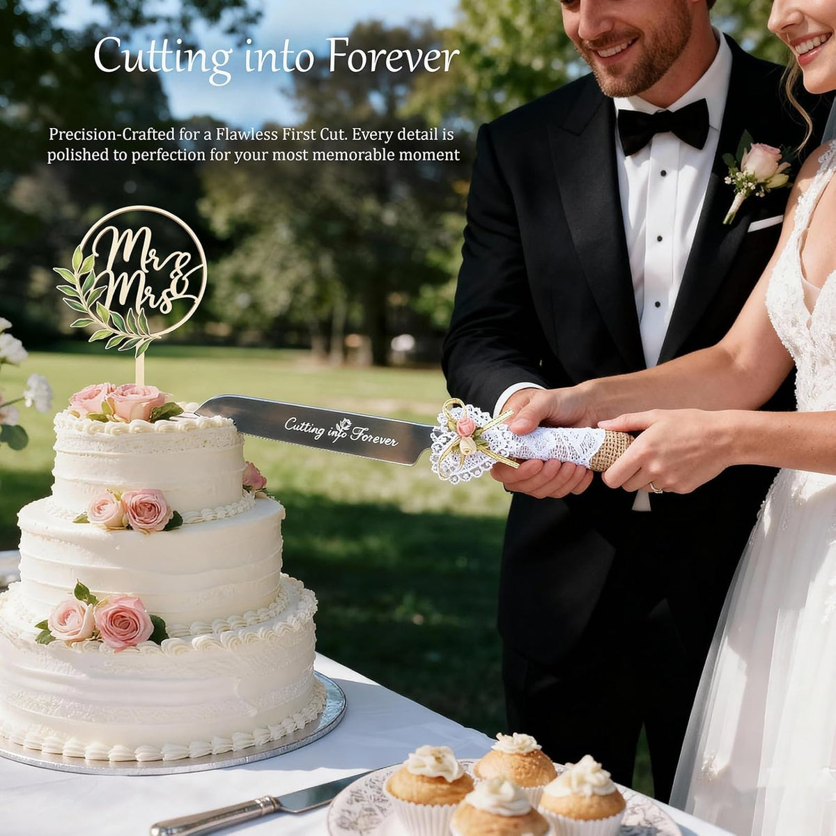 Wedding Cake Knife and Server Set – Rustic Lace Burlap Handle, Stainless Steel Blades, Vintage