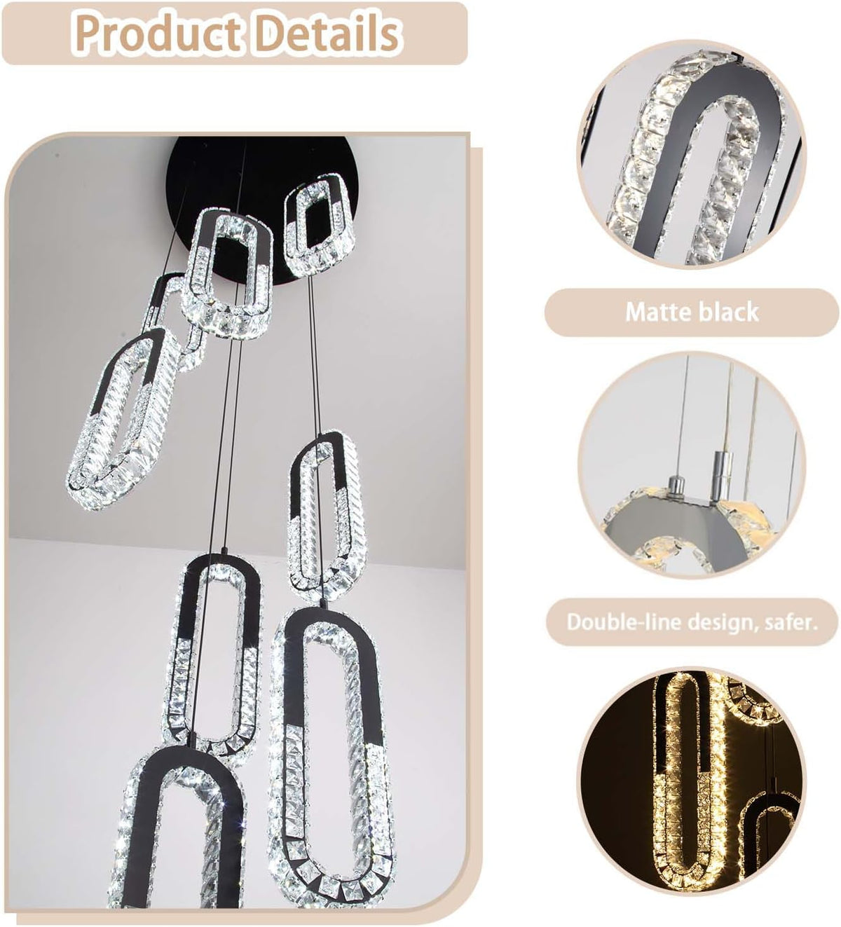 8 Rings Crystal Chandelier,H 118" Modern Black Pendant Light Luxury Foyer Lighting Fixture High