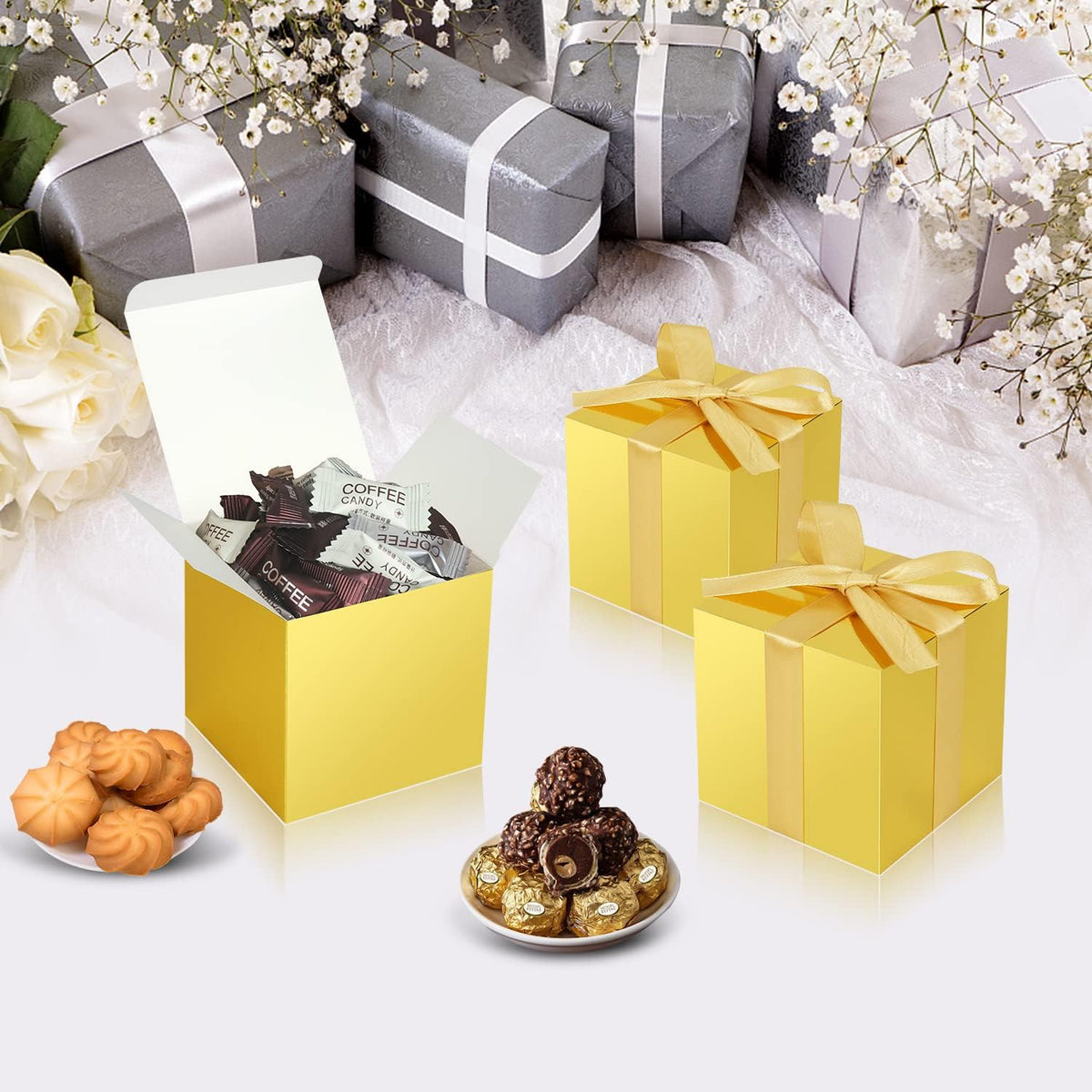 50 Pack Small Gift Boxes, 2x2x2 Favor Boxes Gold Paper Gift Boxes with Lids for Presents, Crafting