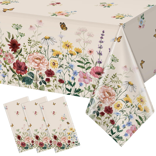 3 Pcs Spring Floral Tablecloth, Butterfly Wildflower Plastic Disposable Tablecloth Rectangle Table
