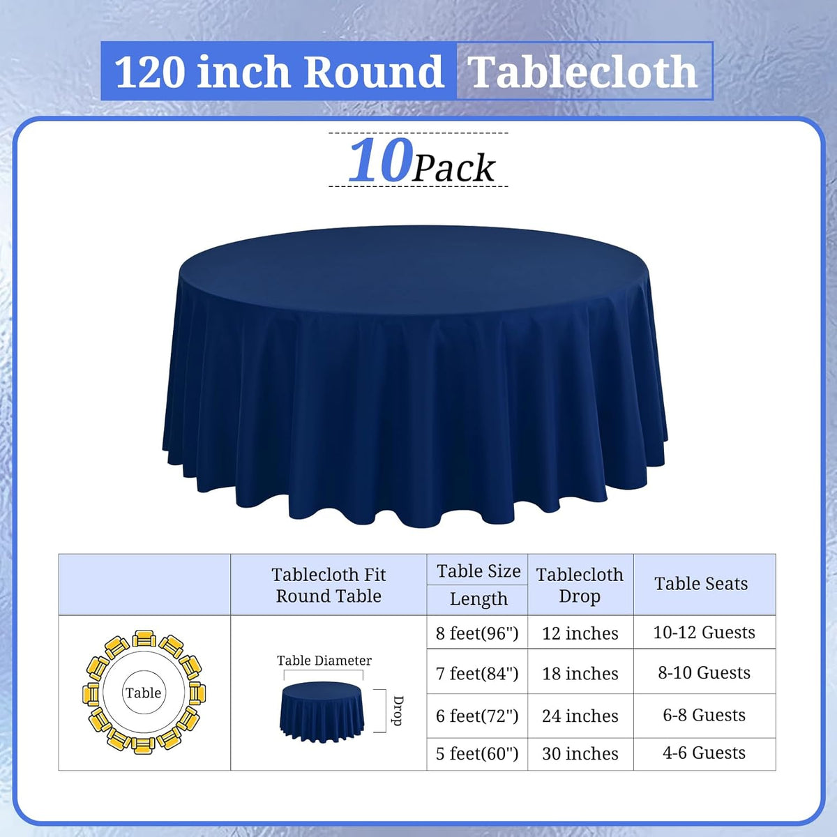 10 Pack Round Tablecloths - 120 Inch, Navy Blue Polyester Table Cover for Round Table, Stain and
