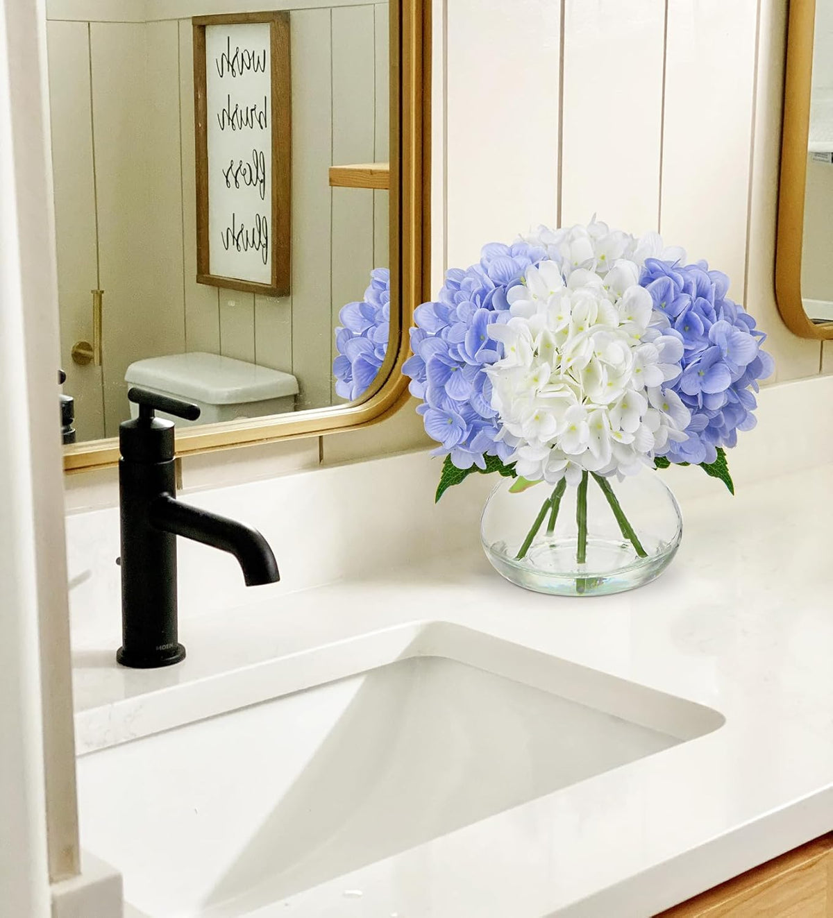 Hollyone Hydrangea Artificial Flowers with Vase White & Blue Silk Fake Flowers Arrangements in