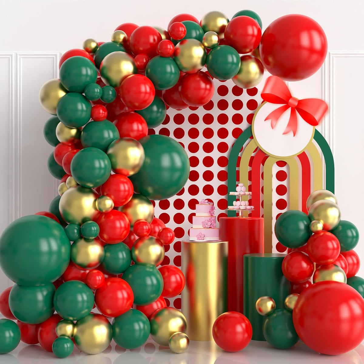 Christmas Balloons Garland Kit, 124pcs Red Green Gold Metallic Latex Balloons Arch for Christmas
