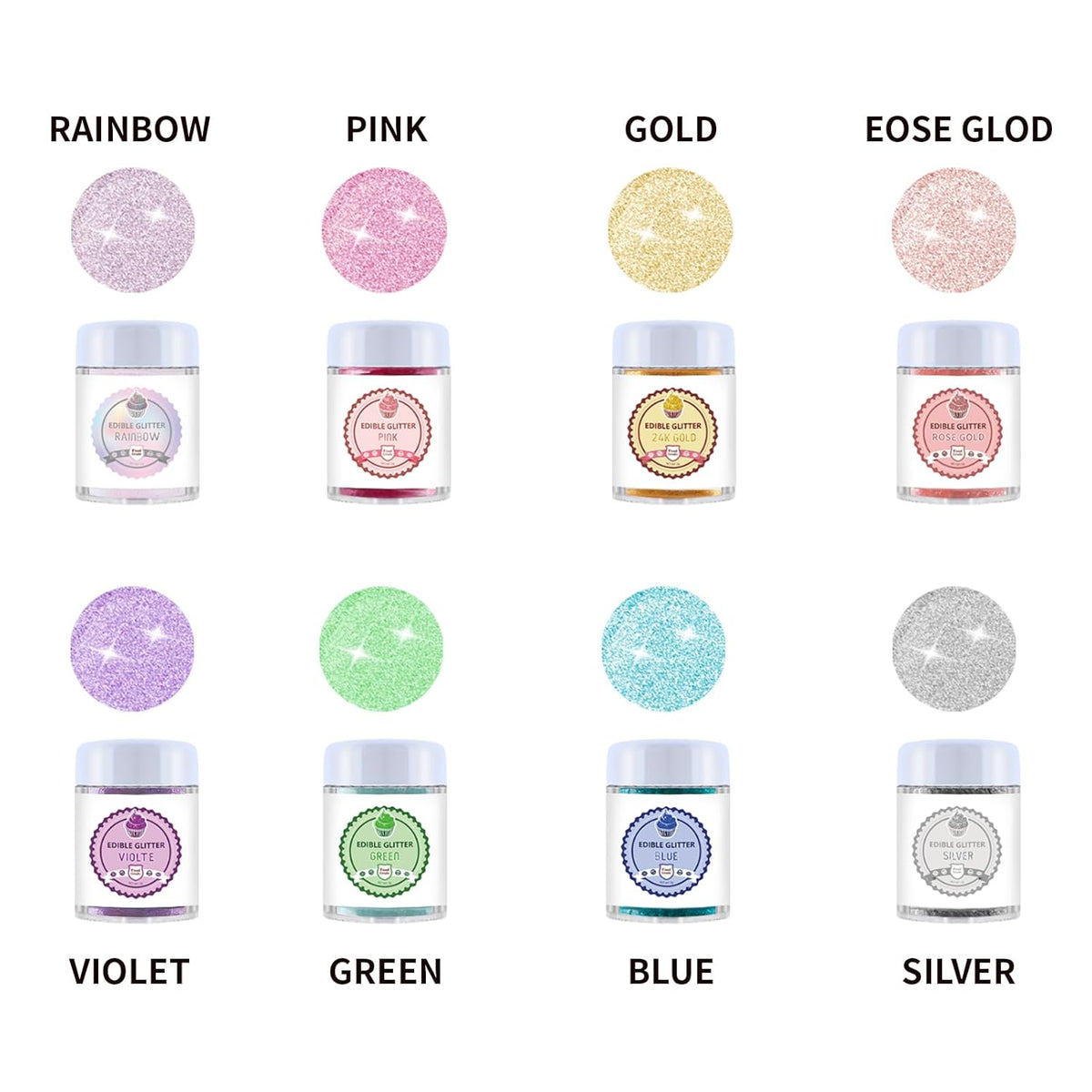 Edible Luster Dust 8 Colors Set - Edible Glitter for Cocktails, Rainbow Food Grade Powder Glitter