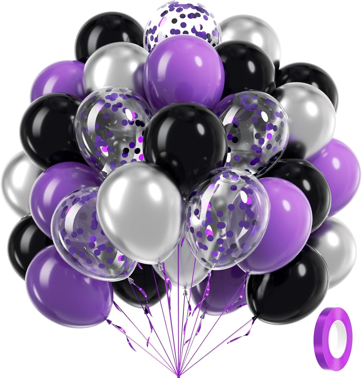 60pcs Purple and Black Balloons 12inch, Purple and Silver Balloon with Metallic Silver Confetti