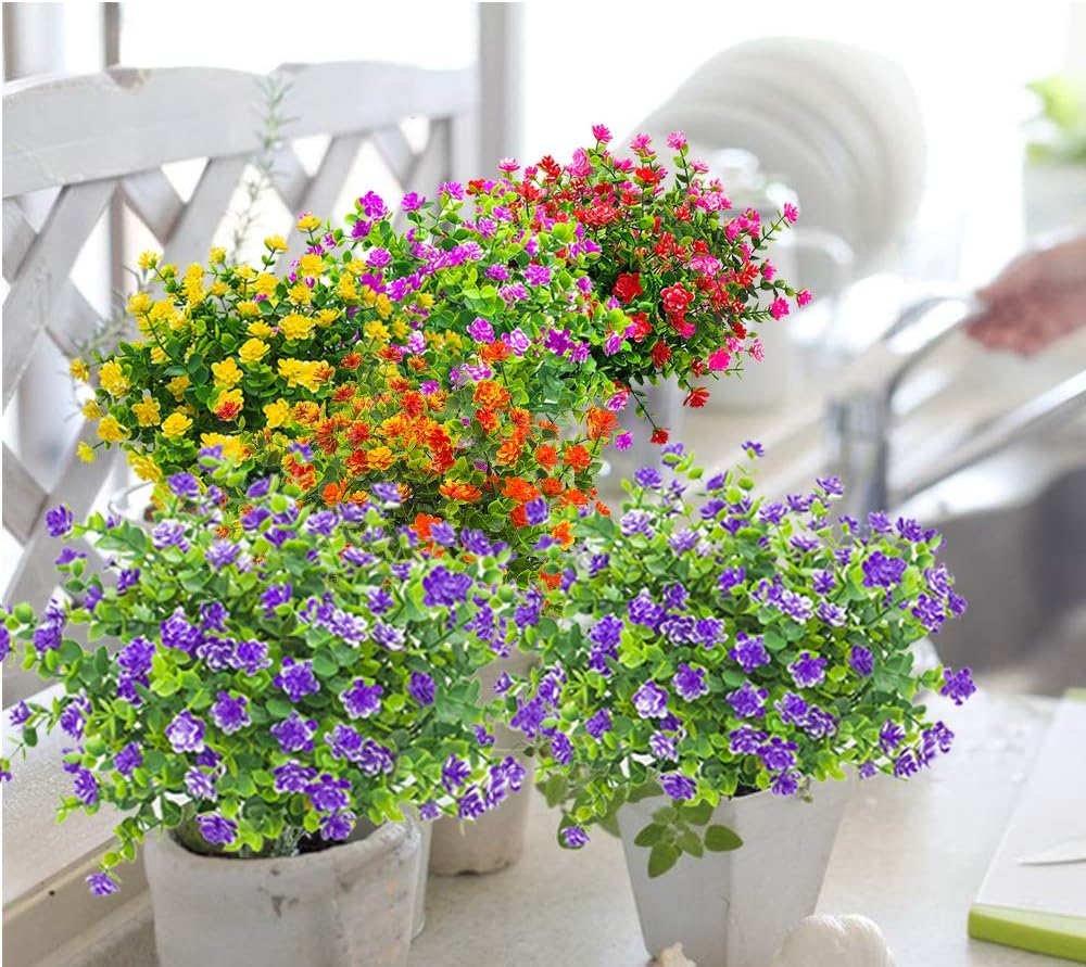 10 Bundles Artificial Fake Flowers, Faux Outdoor Plastic Plants UV Resistant Shrubs Outside Indoor